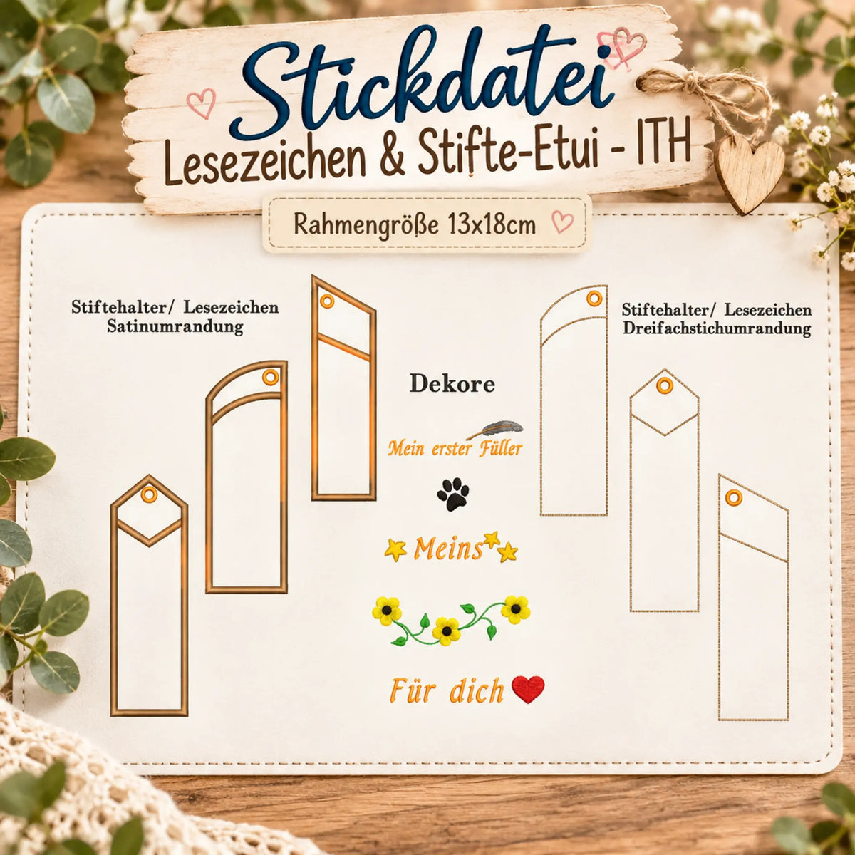 ITH Stickdatei Lesezeichen & Stifte-Etui – 11 Dateien für 13x18