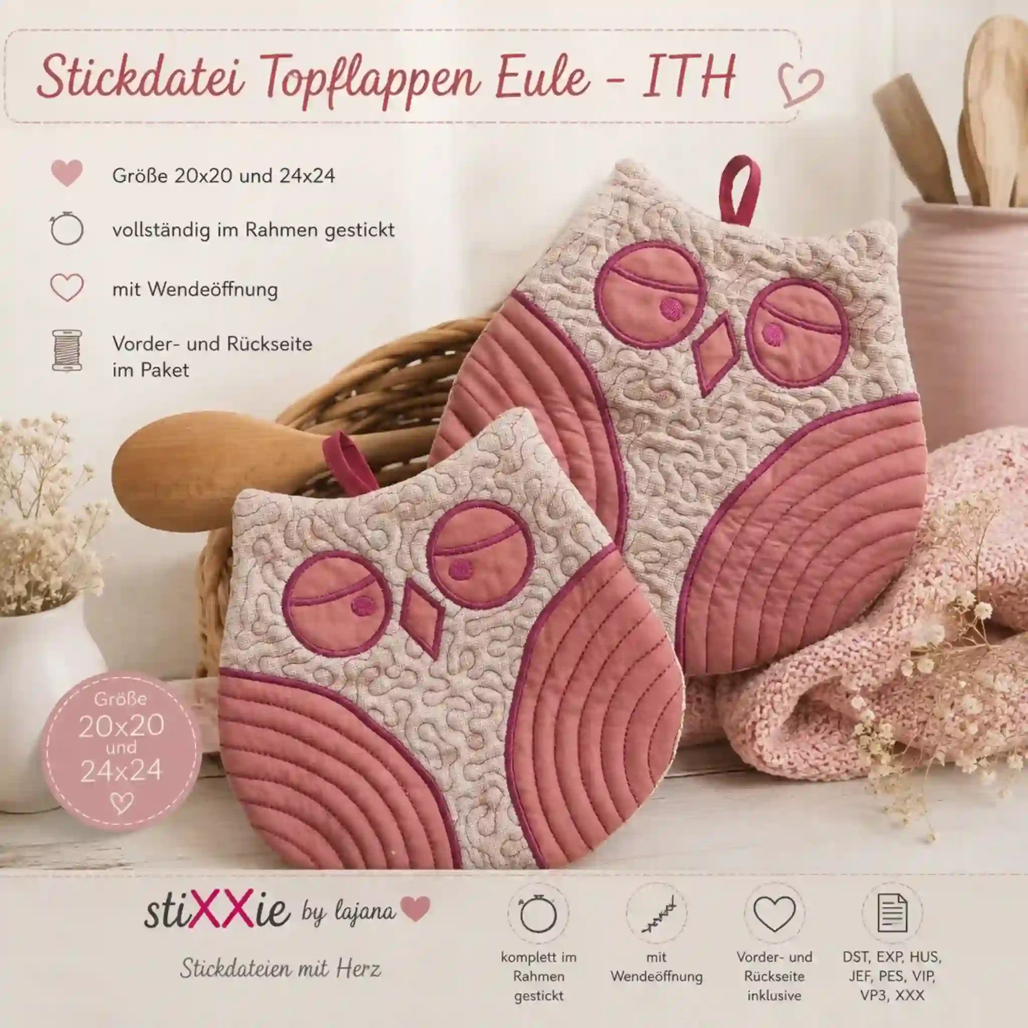 ITH Stickdatei Topflappen Eule
