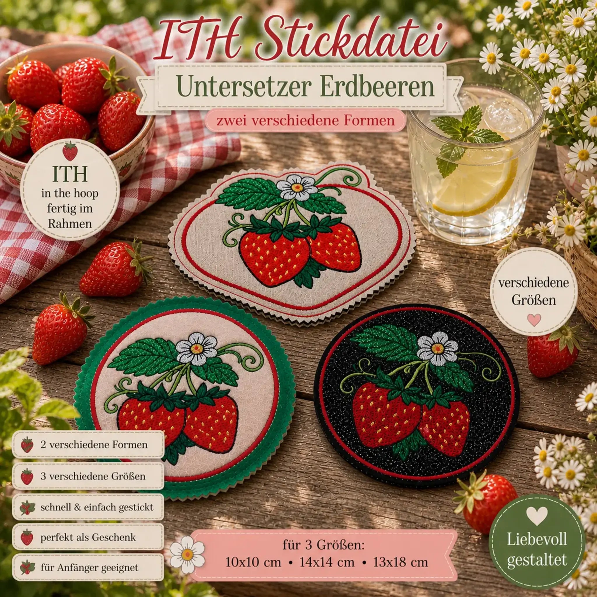 ITH Stickdatei Erdbeer-Untersetzer 🍓 – Runde Untersetzer & Teilapplikation in 3 Größen