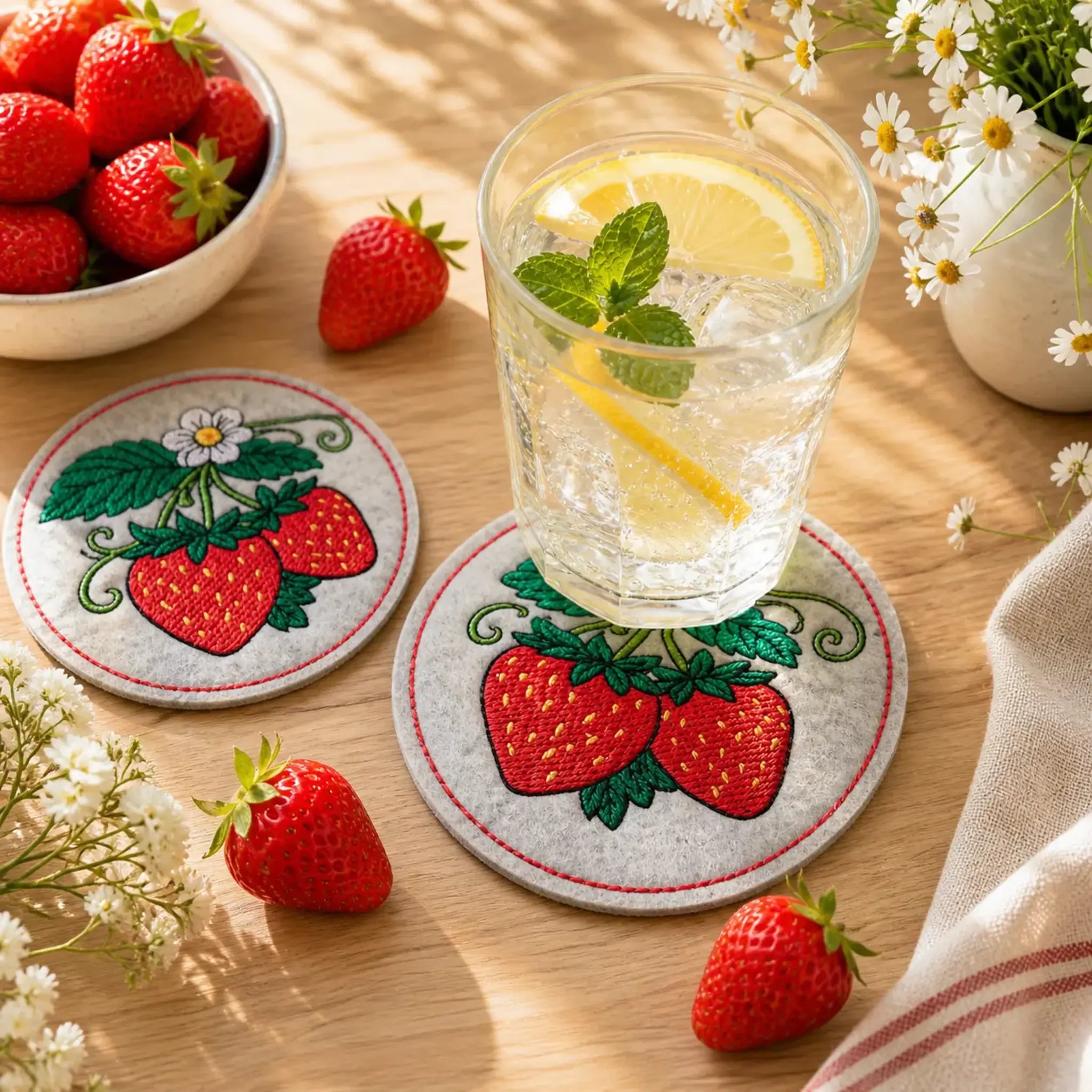 ITH Stickdatei Erdbeer-Untersetzer 🍓 – Runde Untersetzer & Teilapplikation in 3 Größen