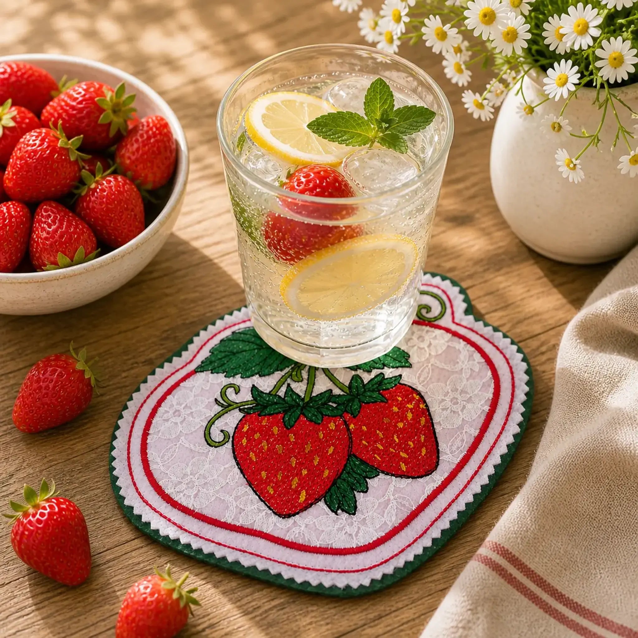 ITH Stickdatei Erdbeer-Untersetzer 🍓 – Runde Untersetzer & Teilapplikation in 3 Größen