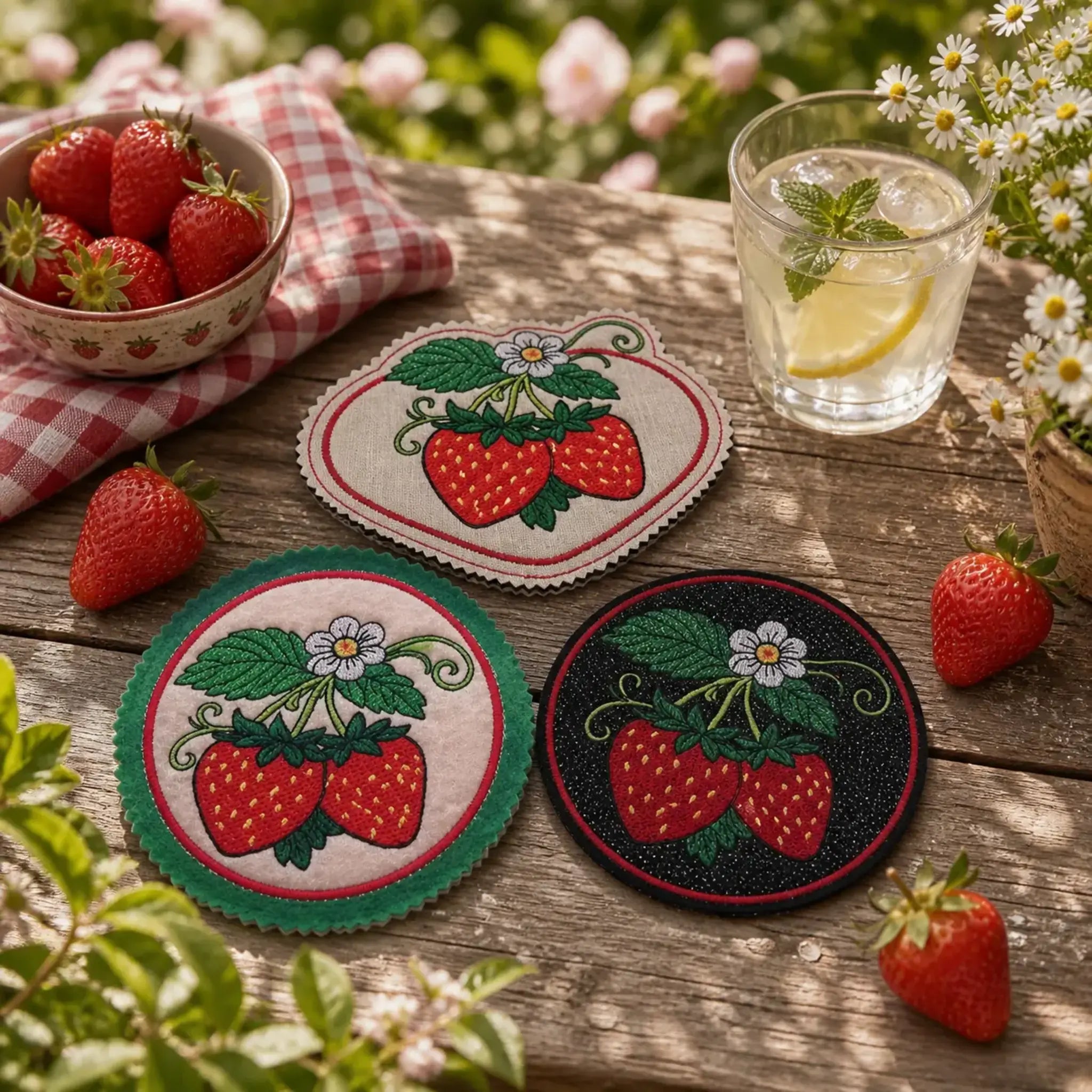ITH Stickdatei Erdbeer-Untersetzer 🍓 – Runde Untersetzer & Teilapplikation in 3 Größen