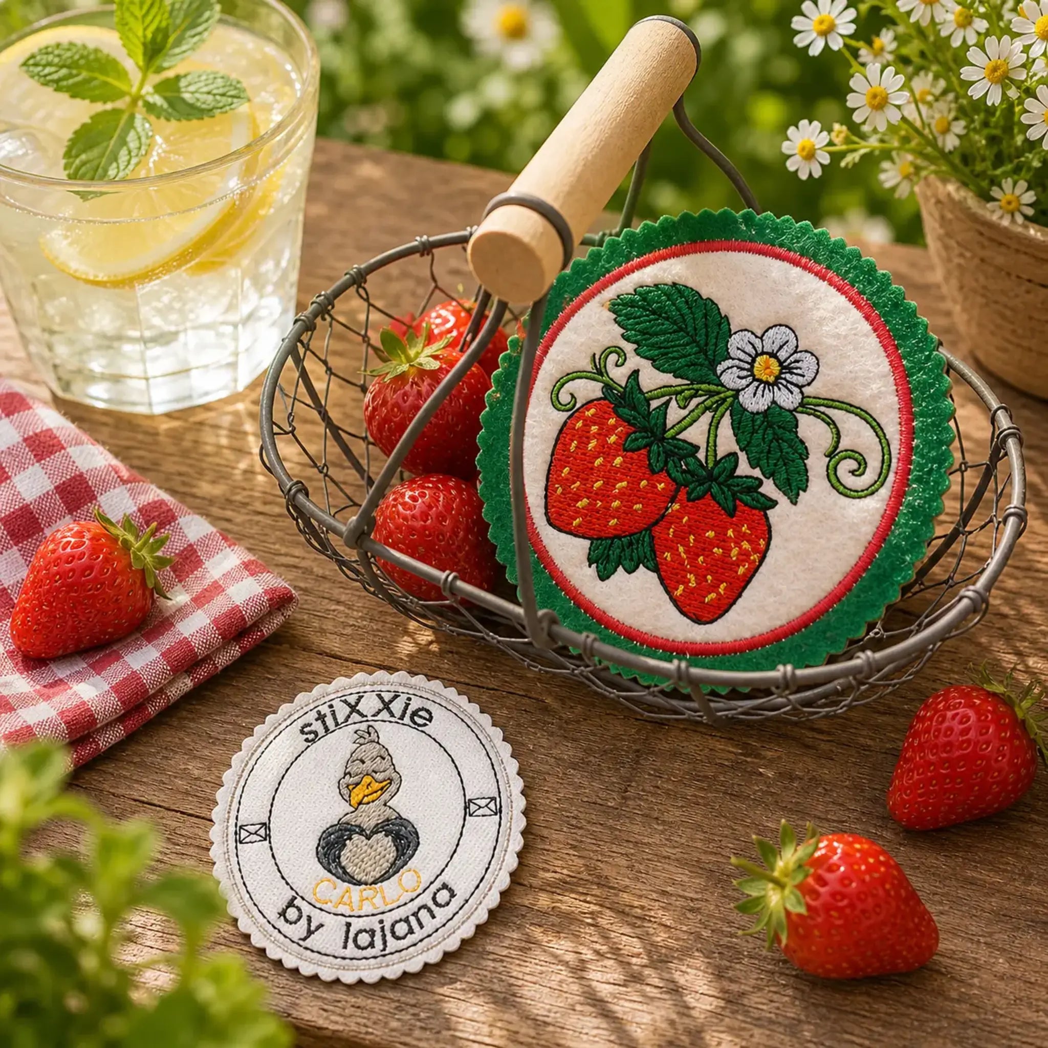 ITH Stickdatei Erdbeer-Untersetzer 🍓 – Runde Untersetzer & Teilapplikation in 3 Größen