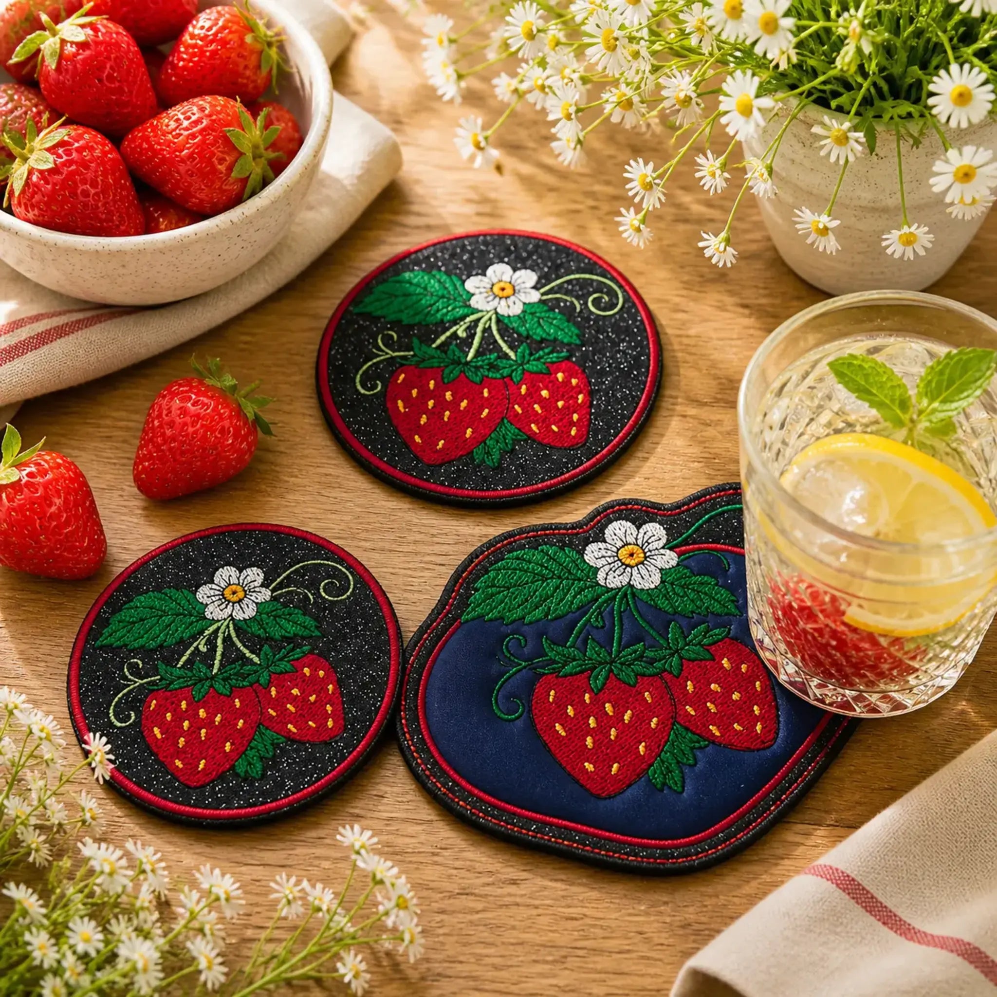 ITH Stickdatei Erdbeer-Untersetzer 🍓 – Runde Untersetzer & Teilapplikation in 3 Größen