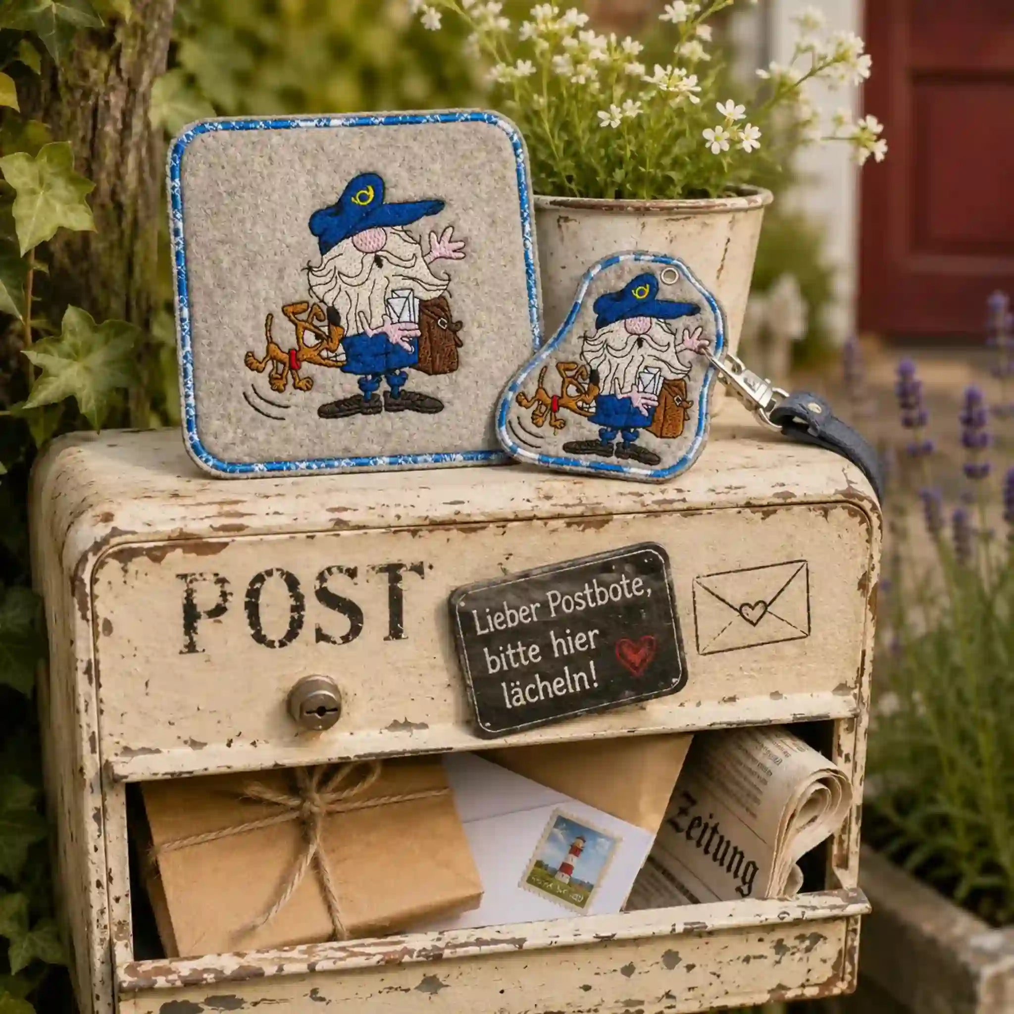 ITH Stickdatei Wichtel und Wichteline Postbote
