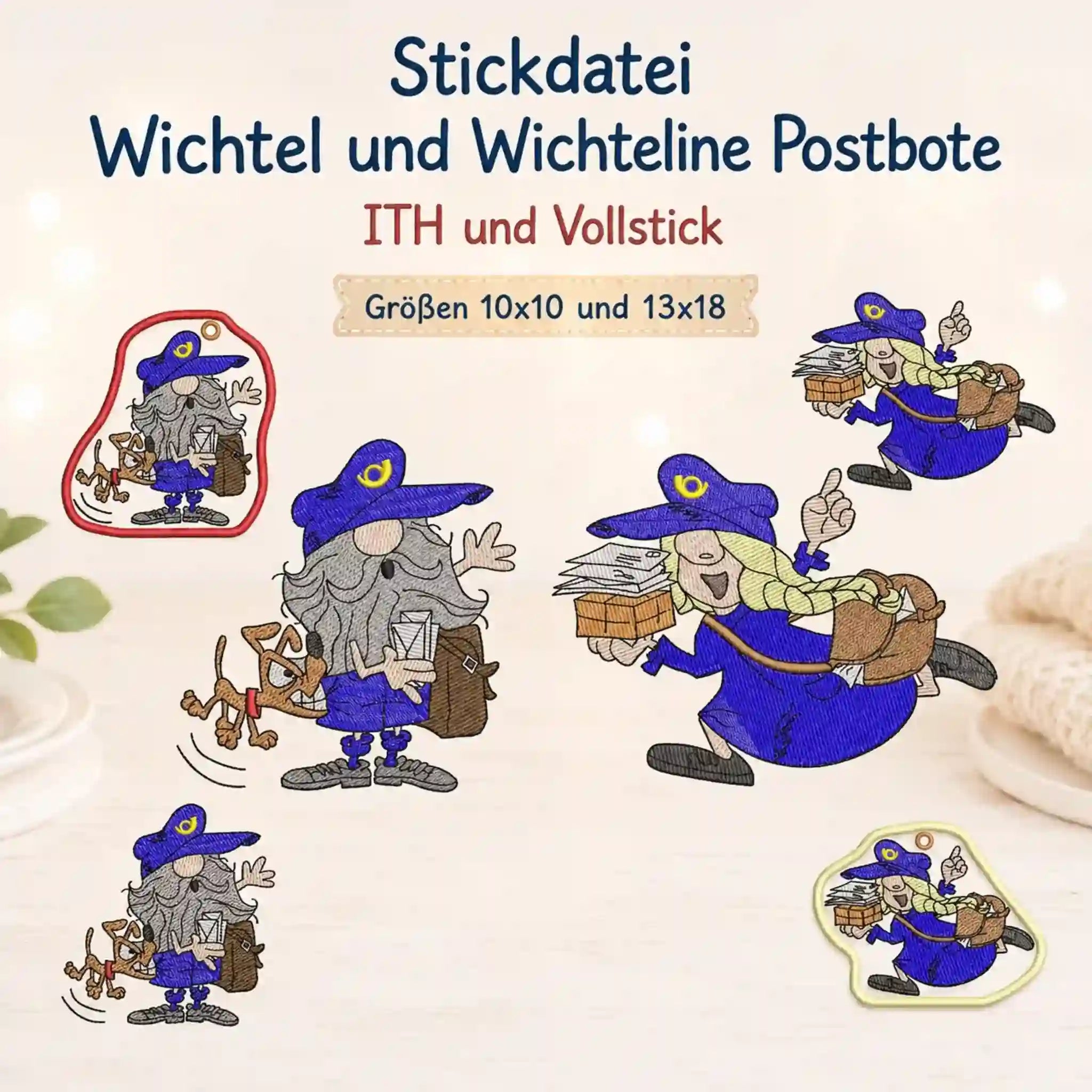 ITH Stickdatei Wichtel und Wichteline Postbote