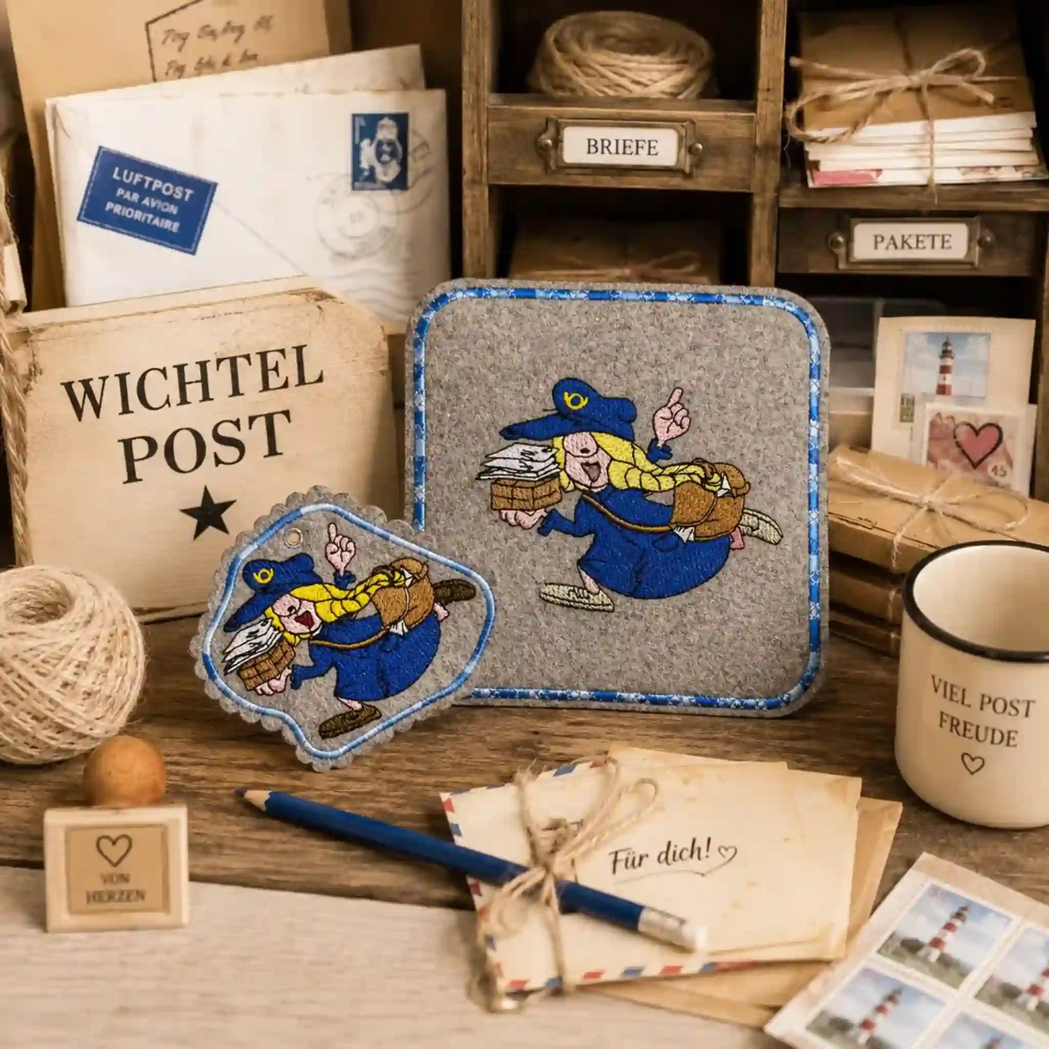 ITH Stickdatei Wichtel und Wichteline Postbote