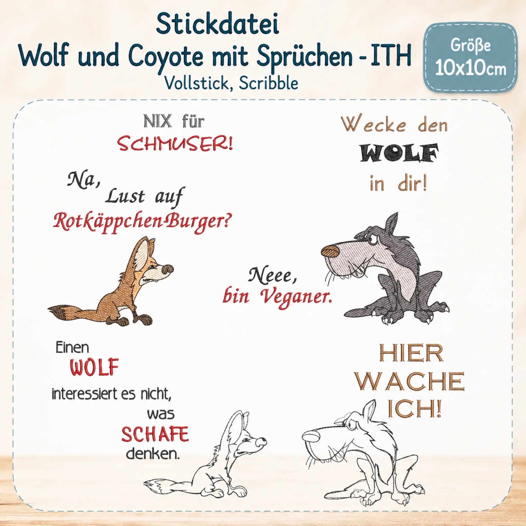 ITH Stickdatei Wolf und Coyote mit Sprüchen