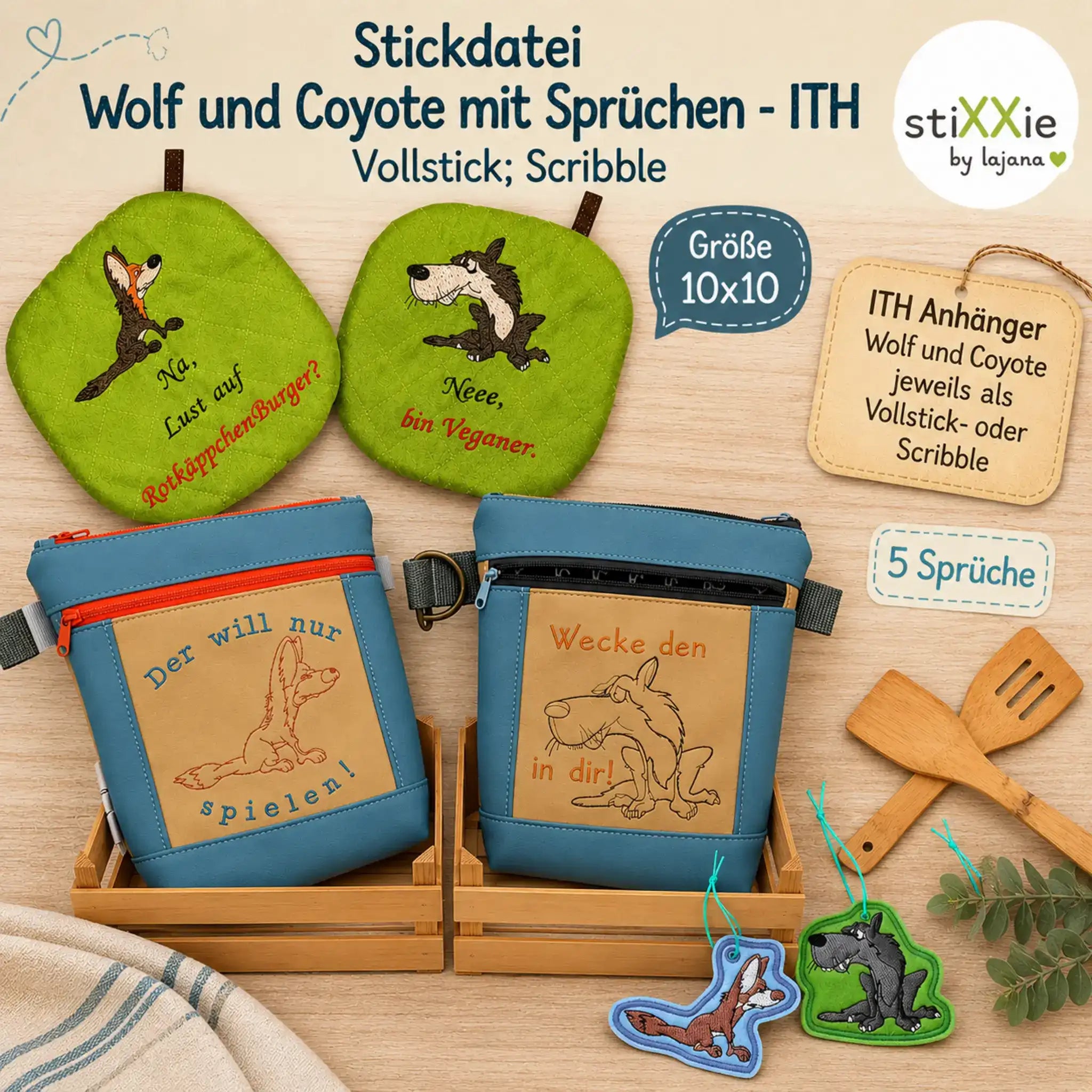 ITH Stickdatei Wolf und Coyote mit Sprüchen