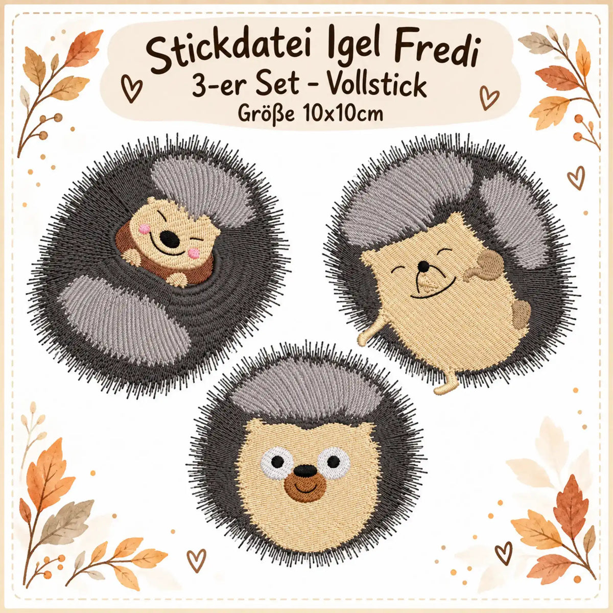 Stickdatei Igel Fredi 3-er Set – Niedliche Herbst-Motive