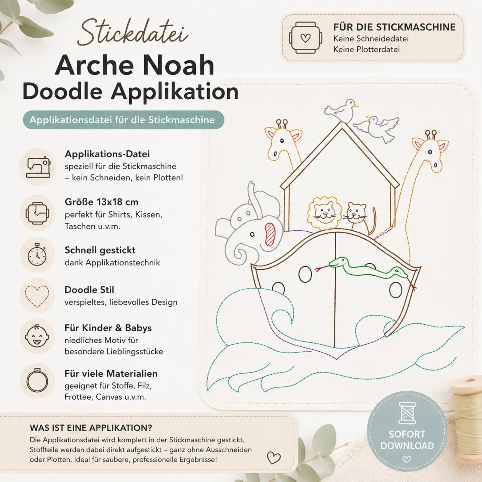 Stickdatei Arche Noah Doodle Applikation