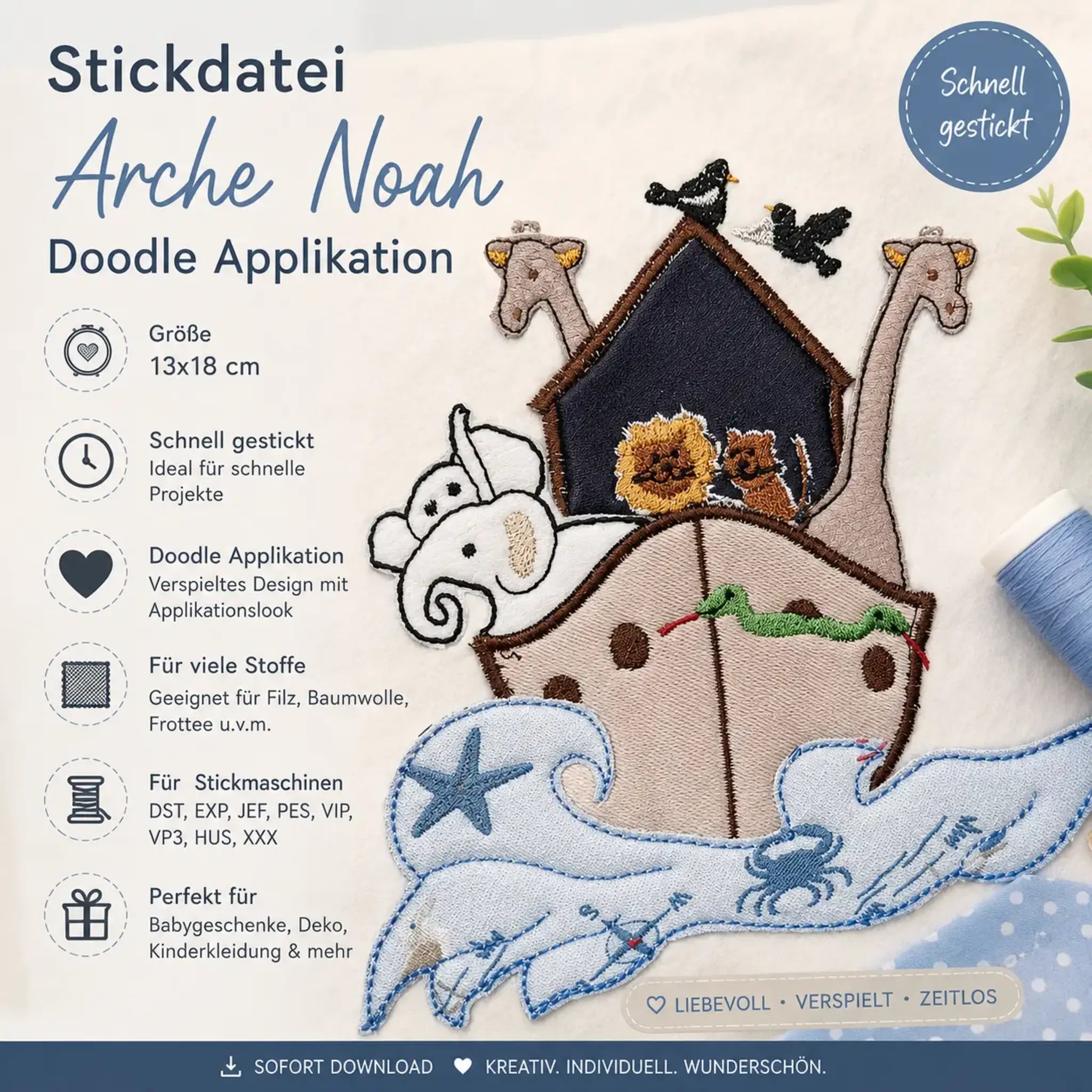 Stickdatei Arche Noah Doodle Applikation
