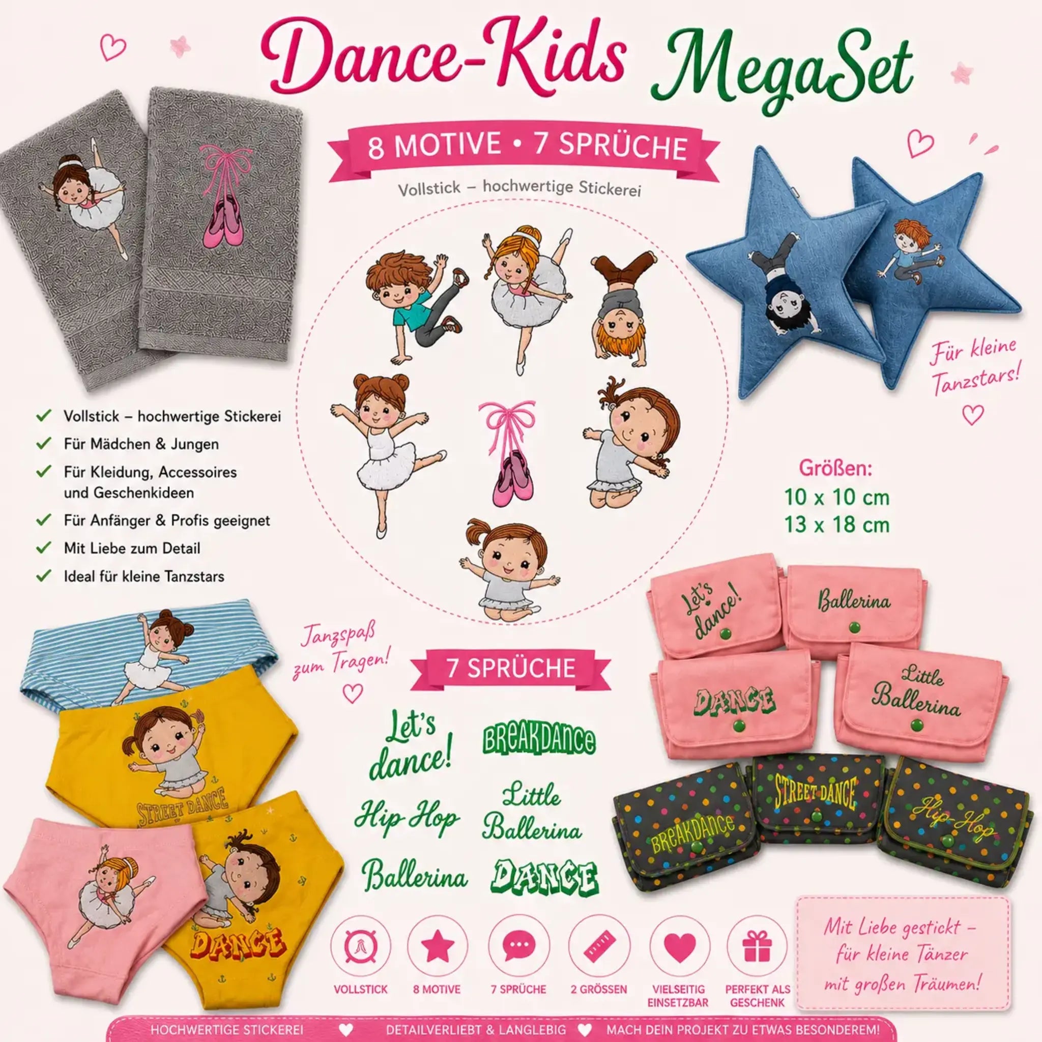 Dance-Kids MegaSet 💃 – 15 Stickdateien Tanzen mit Sprüchen