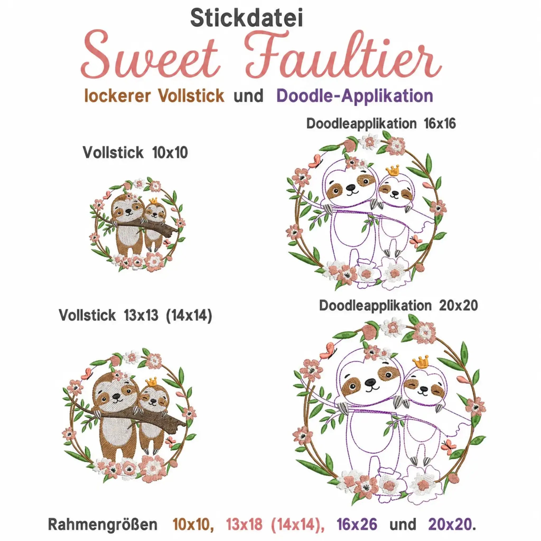Faultier Stickdatei – Vollstick und Doodleapplikation