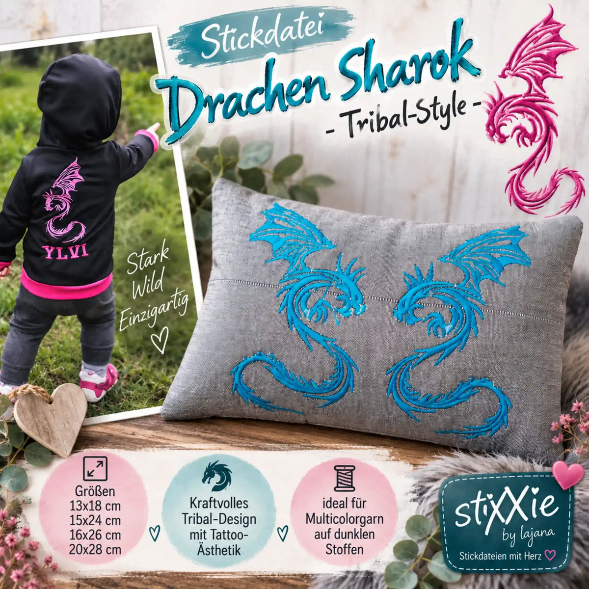 Drachen Stickdatei Sharok Tribal – Fantasy-Motiv für Jeansjacken & Textilien
