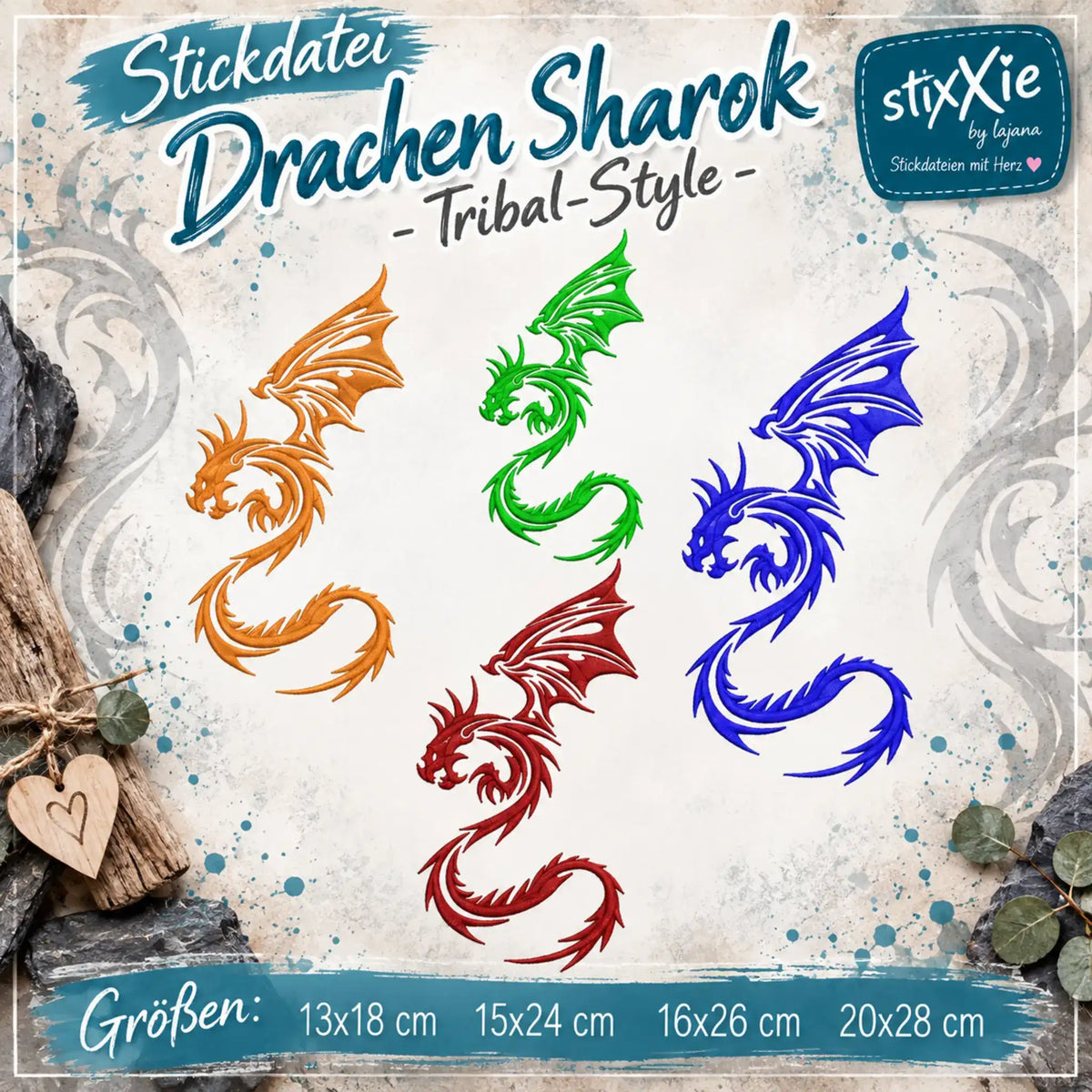 Drachen Stickdatei Sharok Tribal – Fantasy-Motiv für Jeansjacken & Textilien