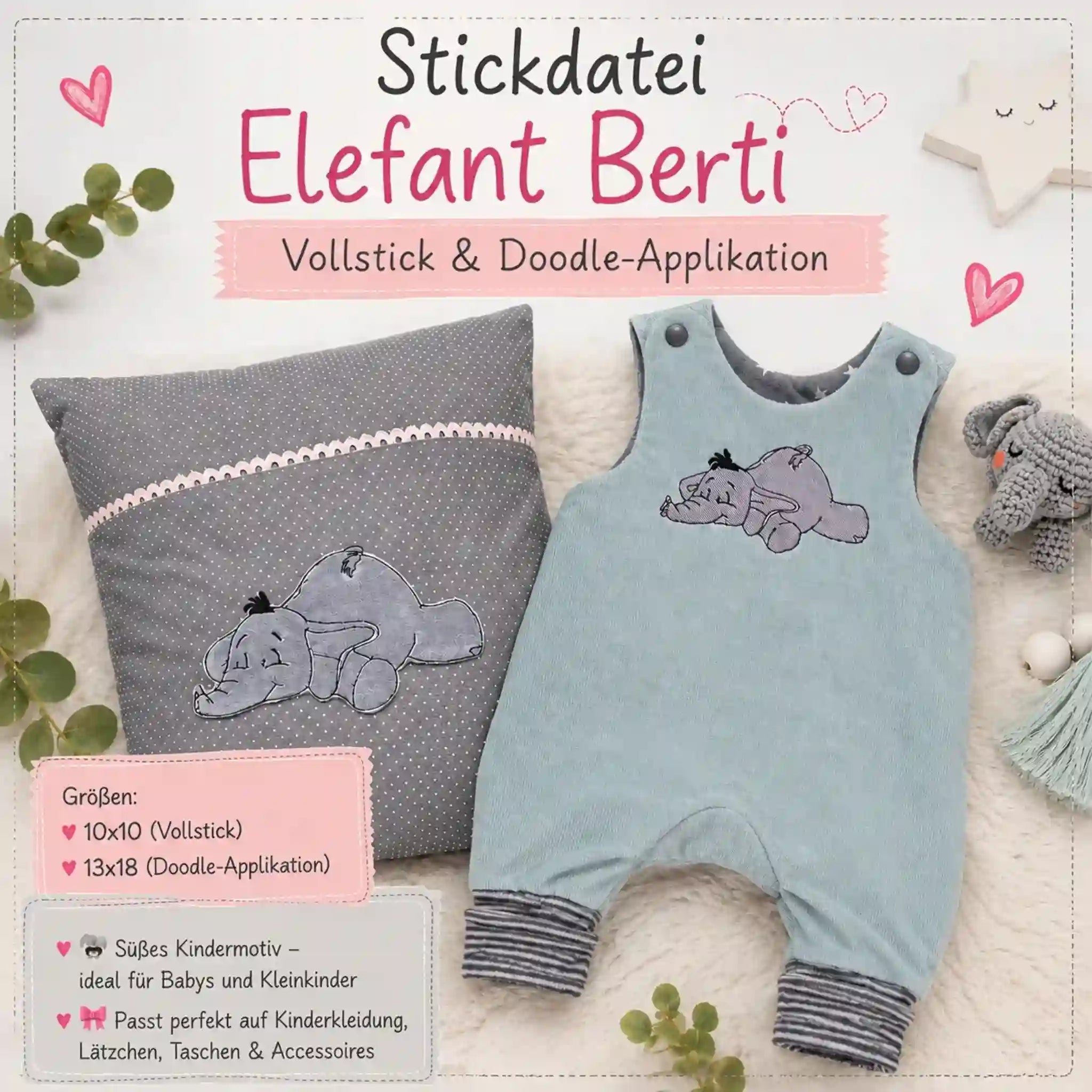 Stickdatei Elefant Berti - Vollstick & Doodle-Applikation