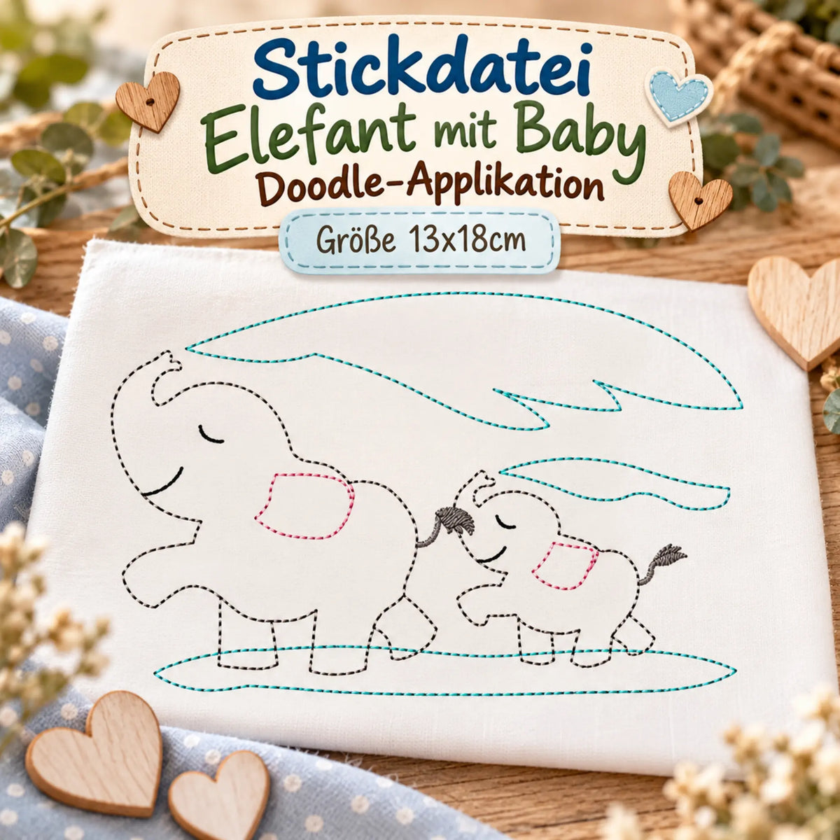 Stickdatei Elefant Elefantenmami mit Baby Doodleapplikation