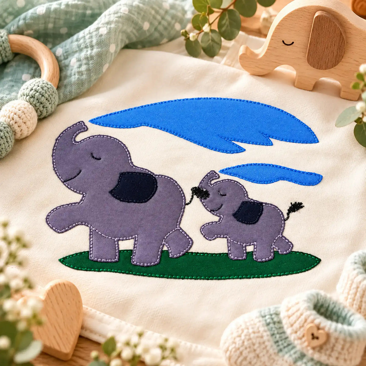 Stickdatei Elefant Elefantenmami mit Baby Doodleapplikation