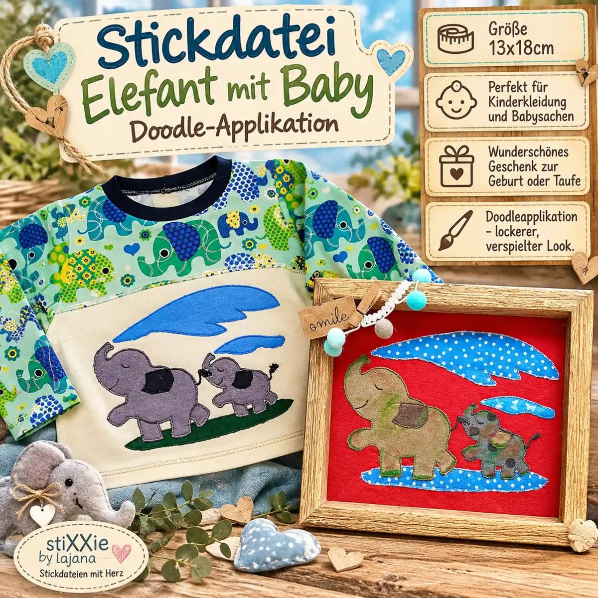 Stickdatei Elefant Elefantenmami mit Baby Doodleapplikation