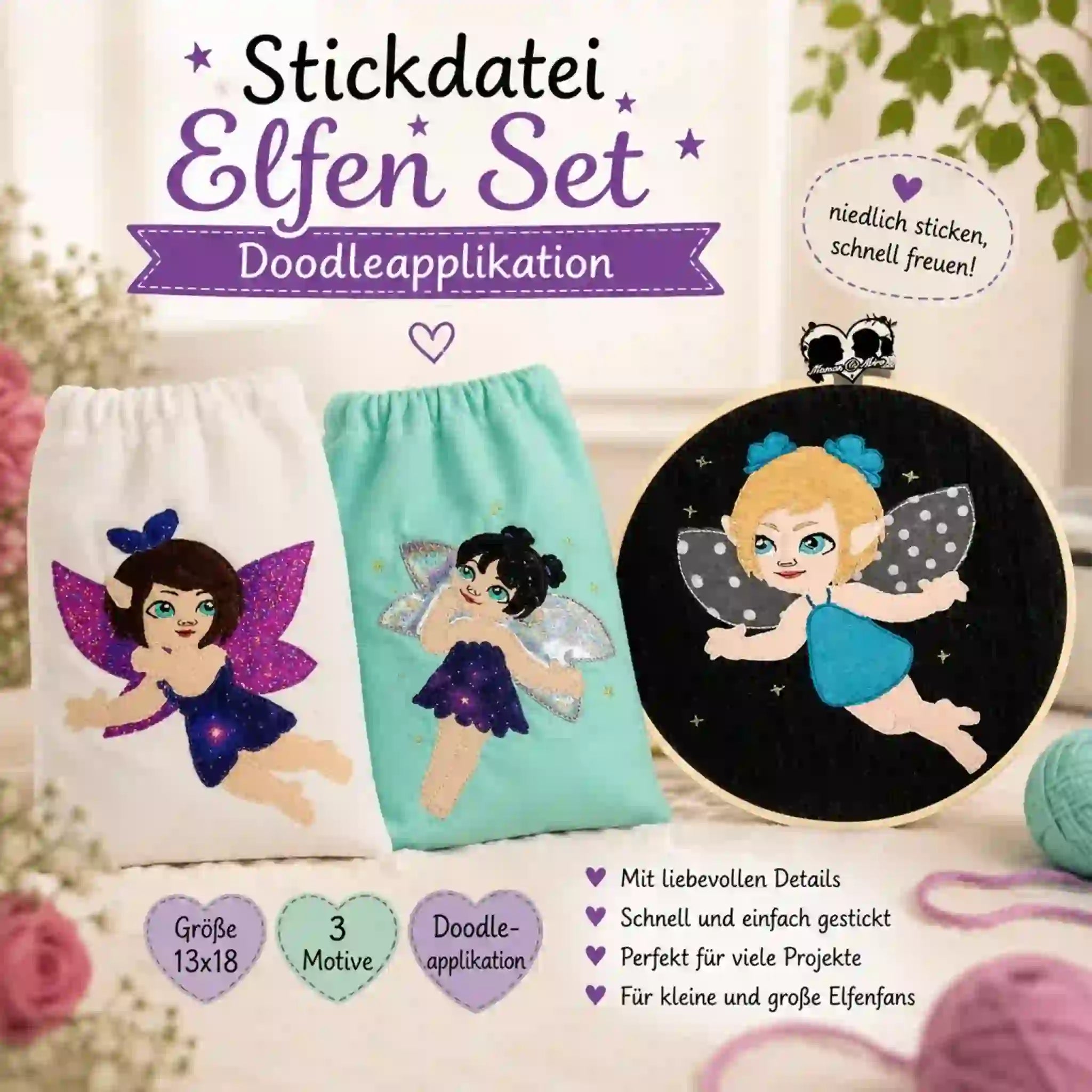 Stickdatei Elfen Set Doodleapplikation