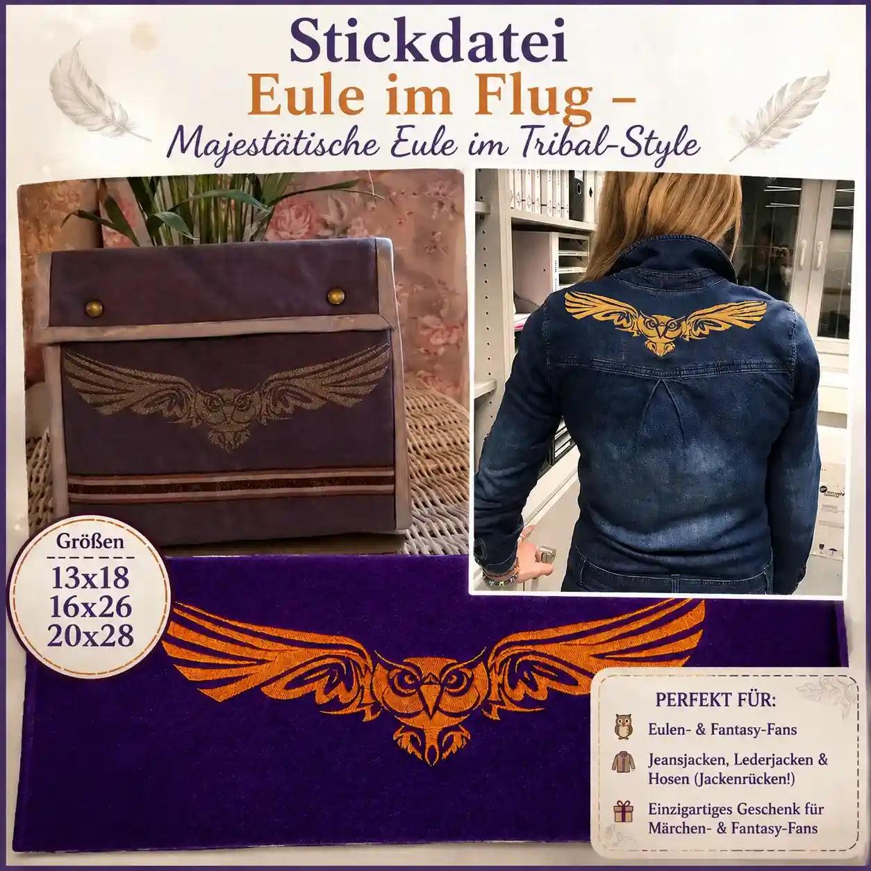 Stickdatei Eule im Flug – Majestätische Eule im Tribal-Style | stiXXie