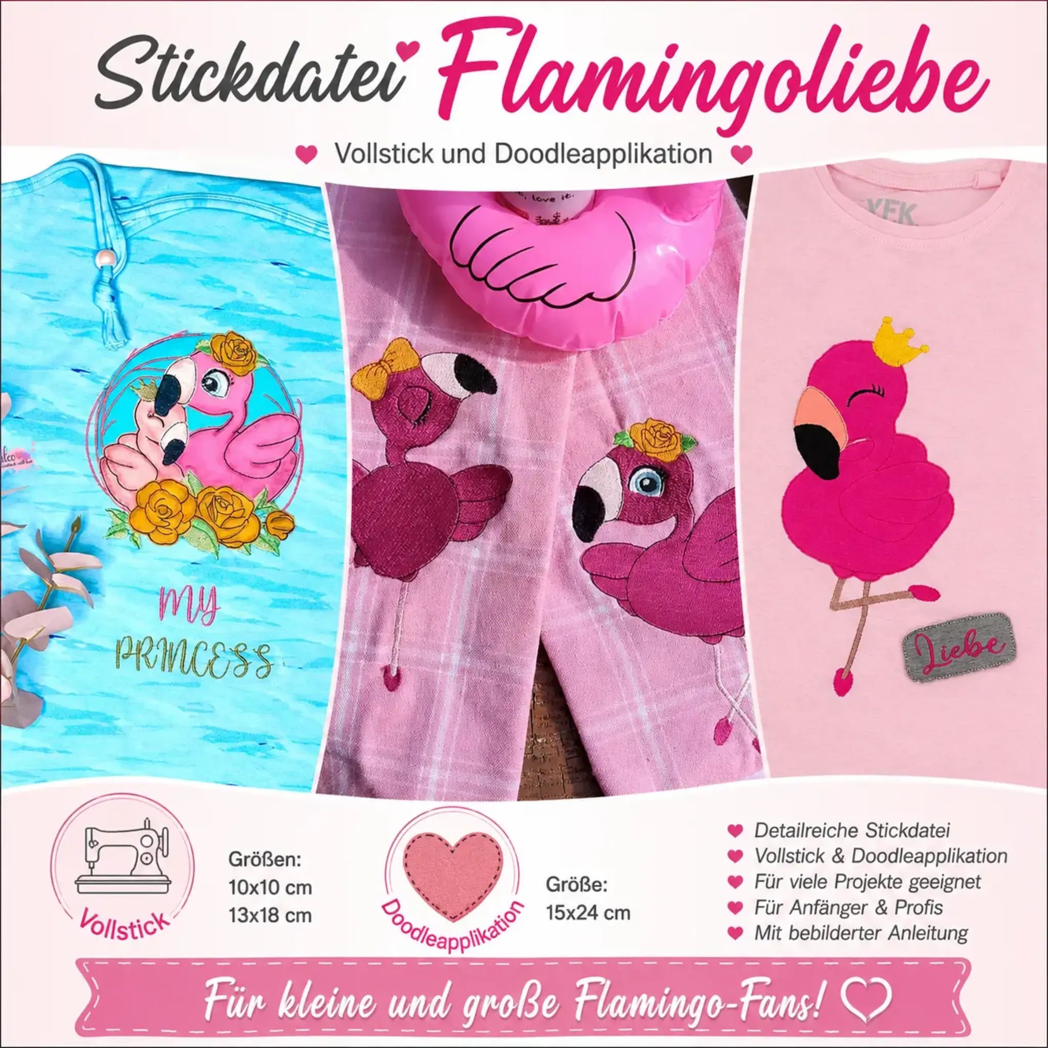 Stickdatei Flamingo-Liebe Vollstick und Doodleapplikation