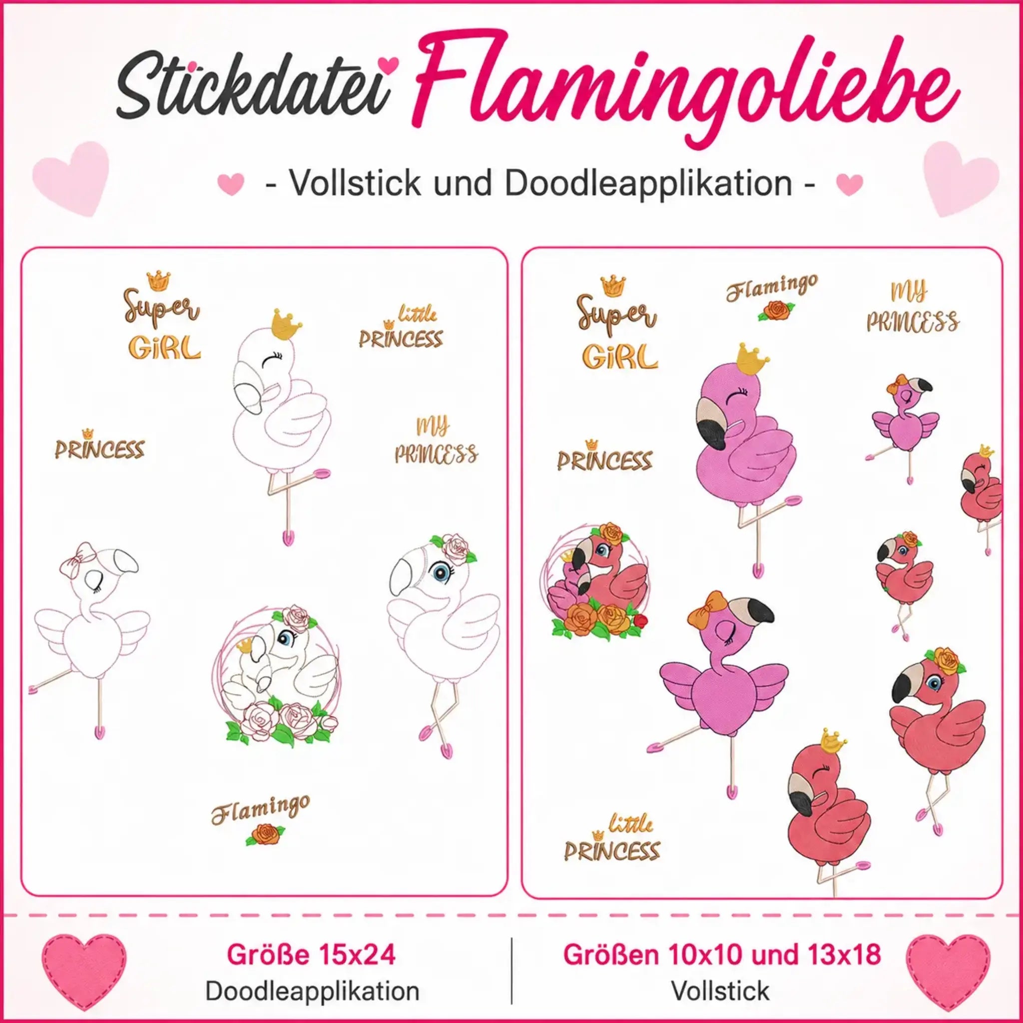 Stickdatei Flamingo-Liebe Vollstick und Doodleapplikation