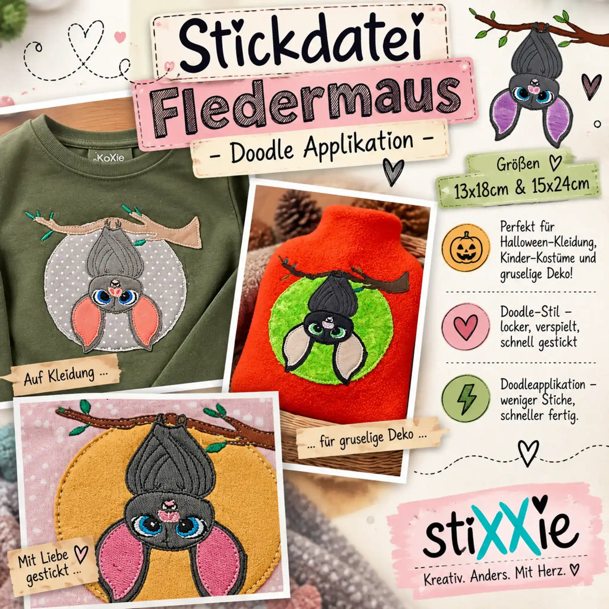 Stickdatei Fledermaus Doodle Applikation