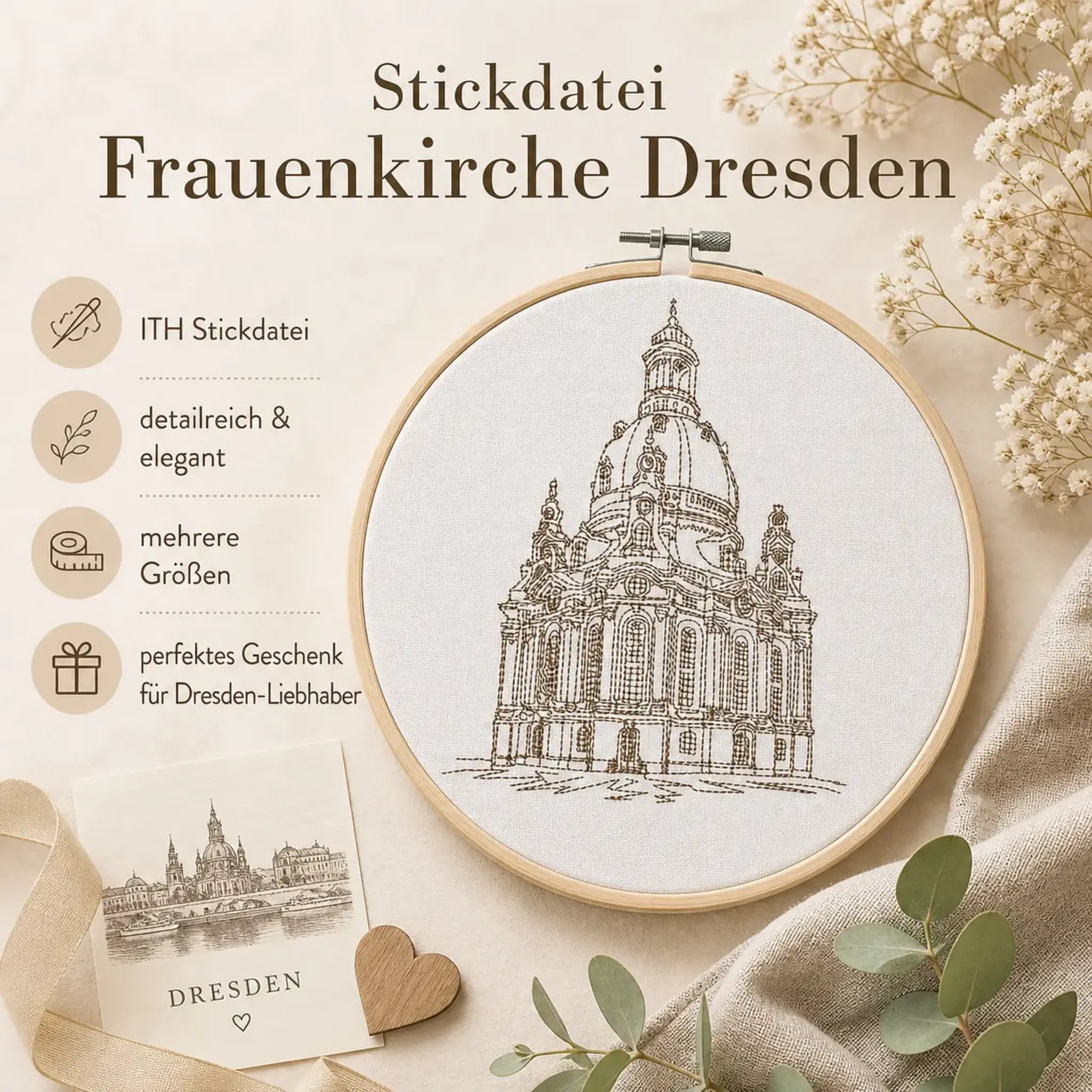 Stickdatei Frauenkirche Dresden 🏛️ – Scribble-Motiv mit Schriftzug
