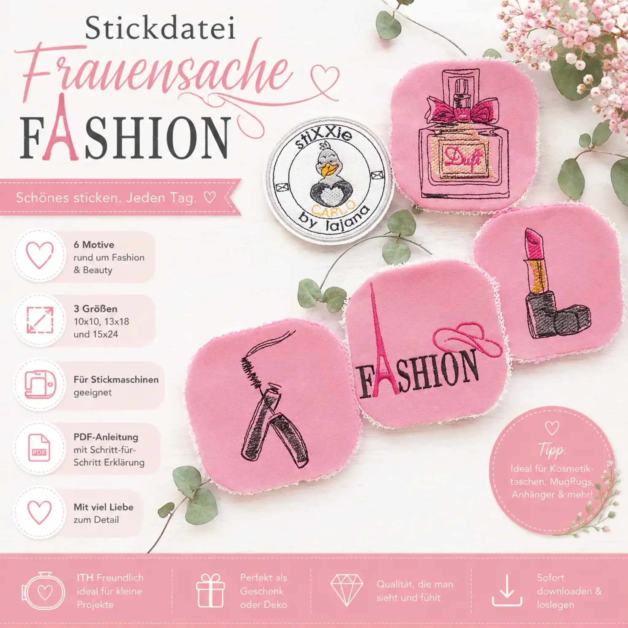 Stickdatei Frauensache Fashion – 6 Mode-Motive Appli