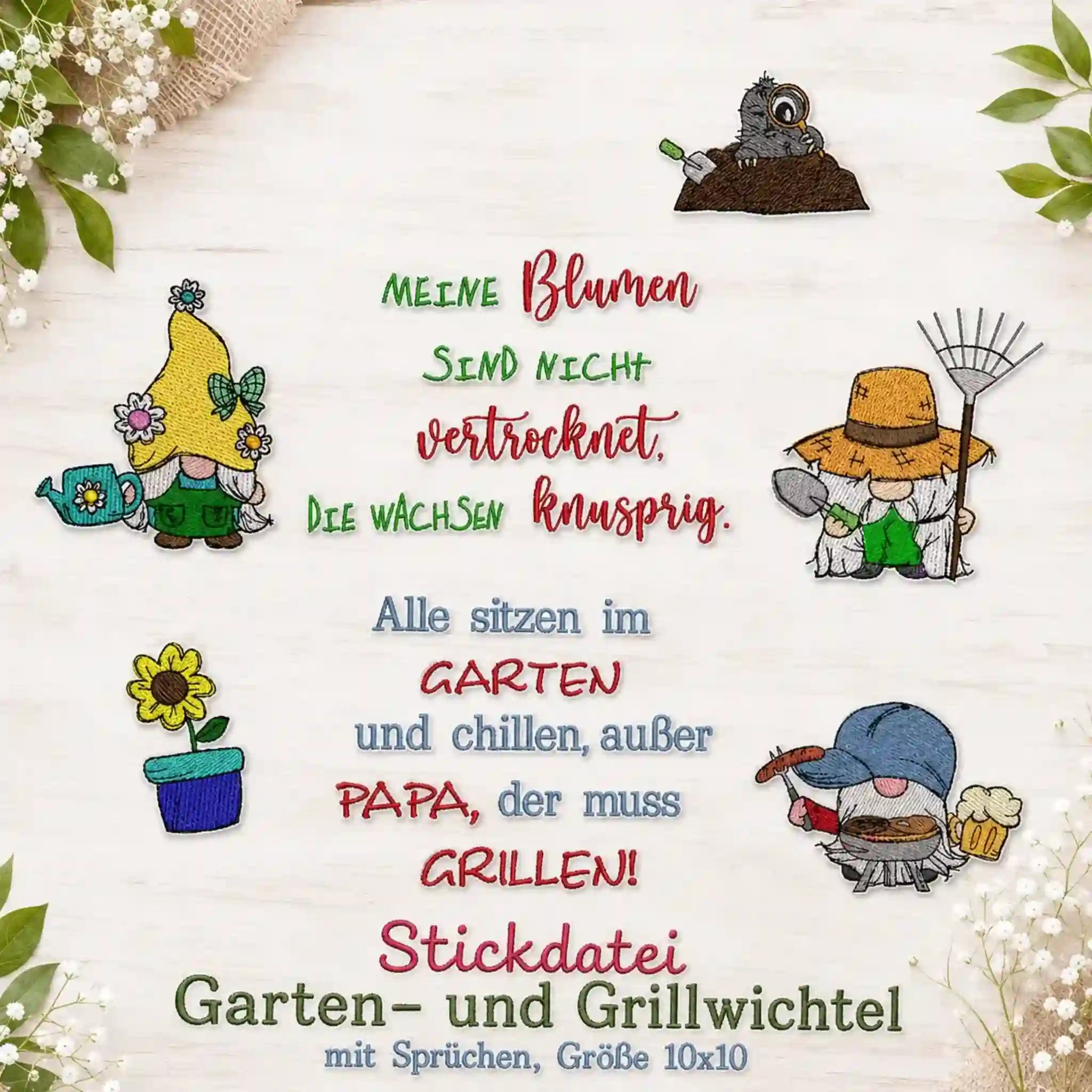 Stickdatei Garten- und Grillwichtel mit Sprüchen 🌿 – 6 Motive + 2 Sprüche | 10x10cm