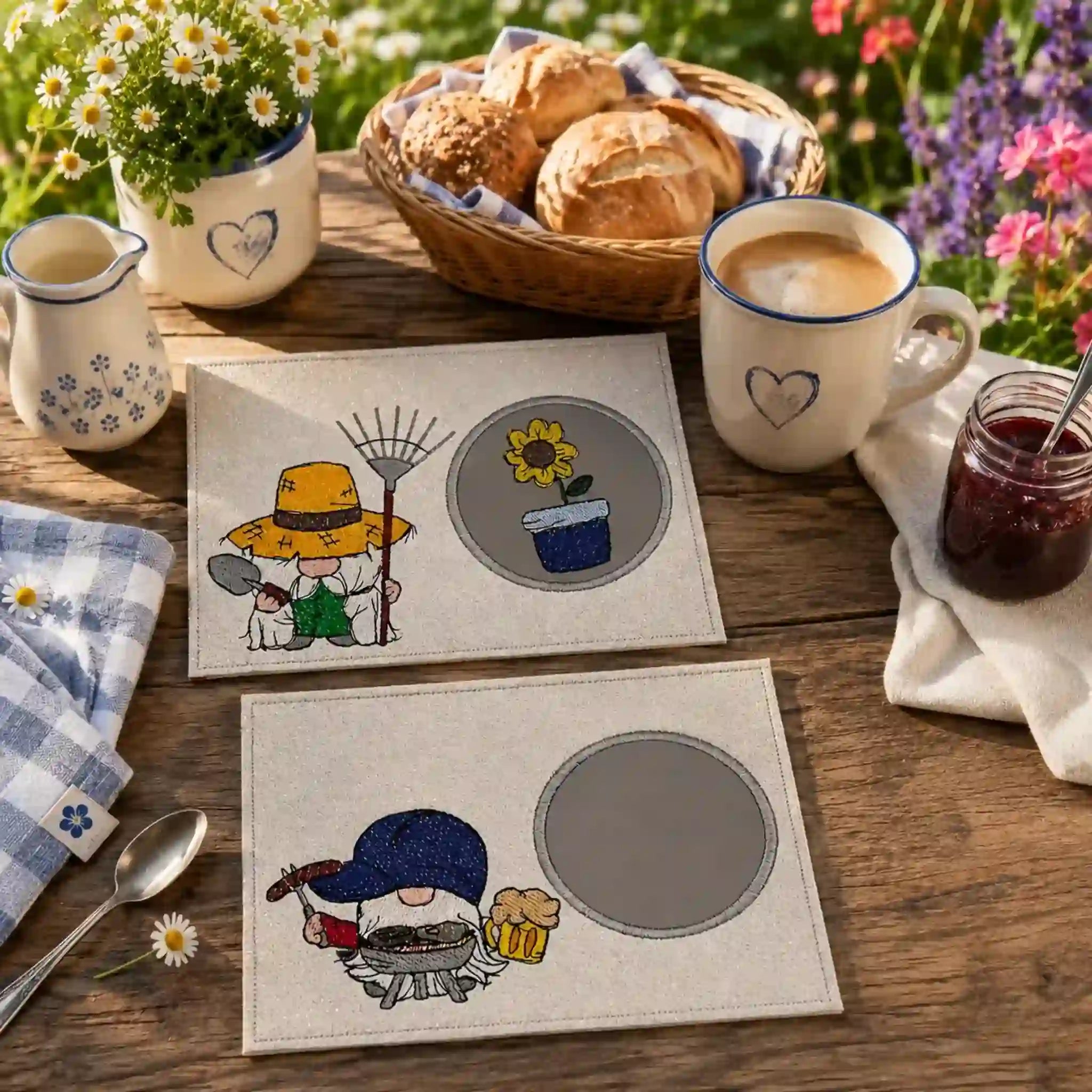 Stickdatei Garten- und Grillwichtel mit Sprüchen 🌿 – 5 Motive + 2 Sprüche