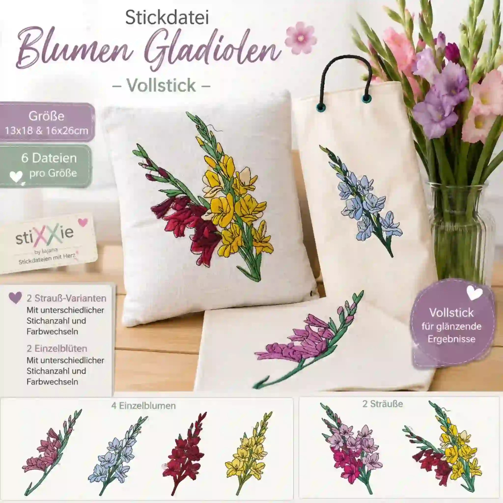 Stickdatei Blumen Gladiolen 🌸 – Vollstick | 13x18 & 16x26cm