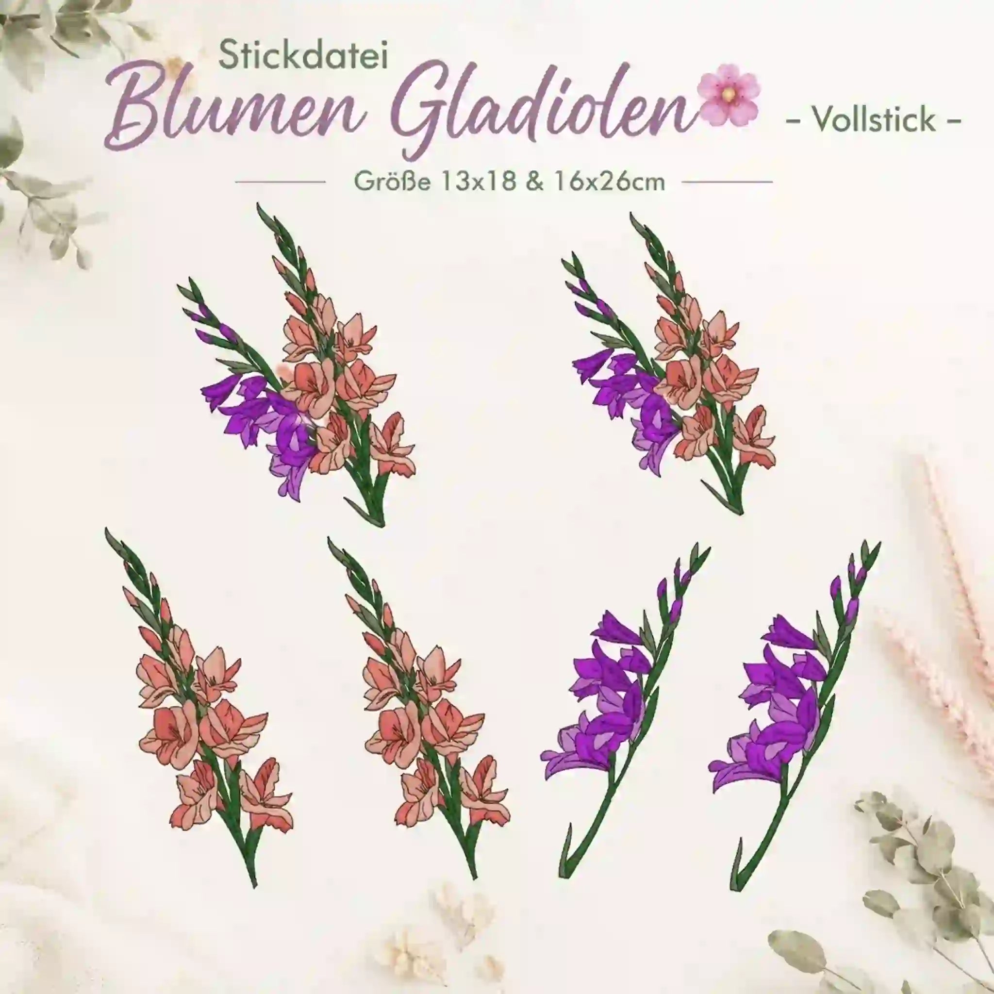 Stickdatei Blumen Gladiolen 🌸 – Vollstick | 13x18 & 16x26cm