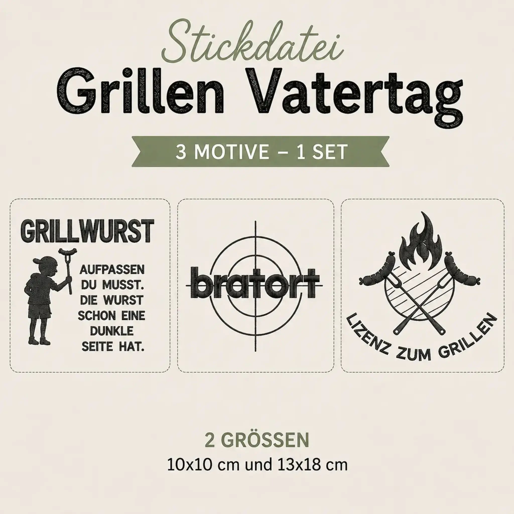 Stickdatei Grillen Vatertag – 3-teiliges Set 10x10 & 13x18 | BBQ Stickmotive