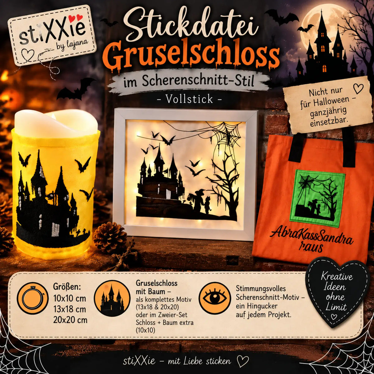 Stickdatei Gruselschloss im Scherenschnitt-Stil