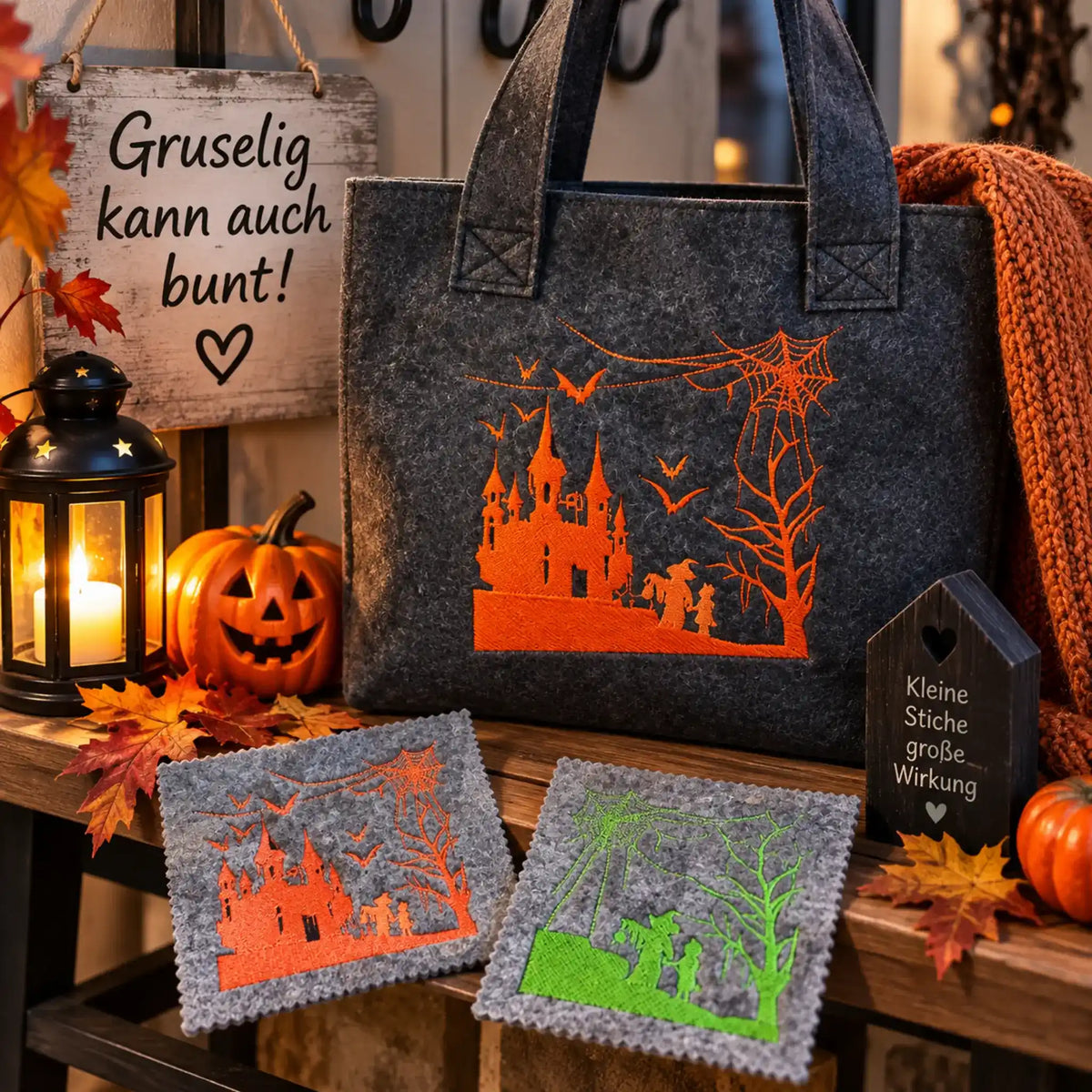 Stickdatei Gruselschloss im Scherenschnitt-Stil
