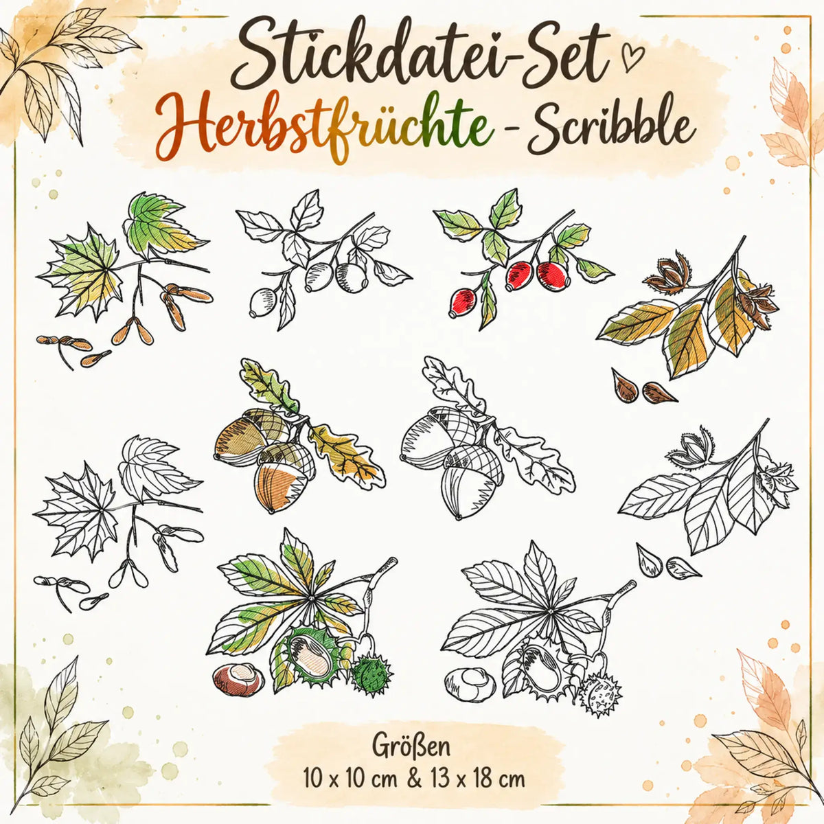 Stickdatei-Set Herbstfrüchte – 10x10 & 13x18 cm