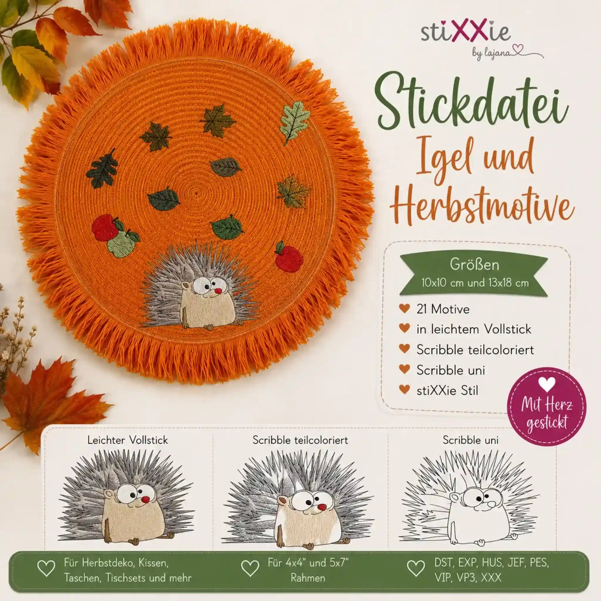 Stickdatei Igel und Herbstmotive