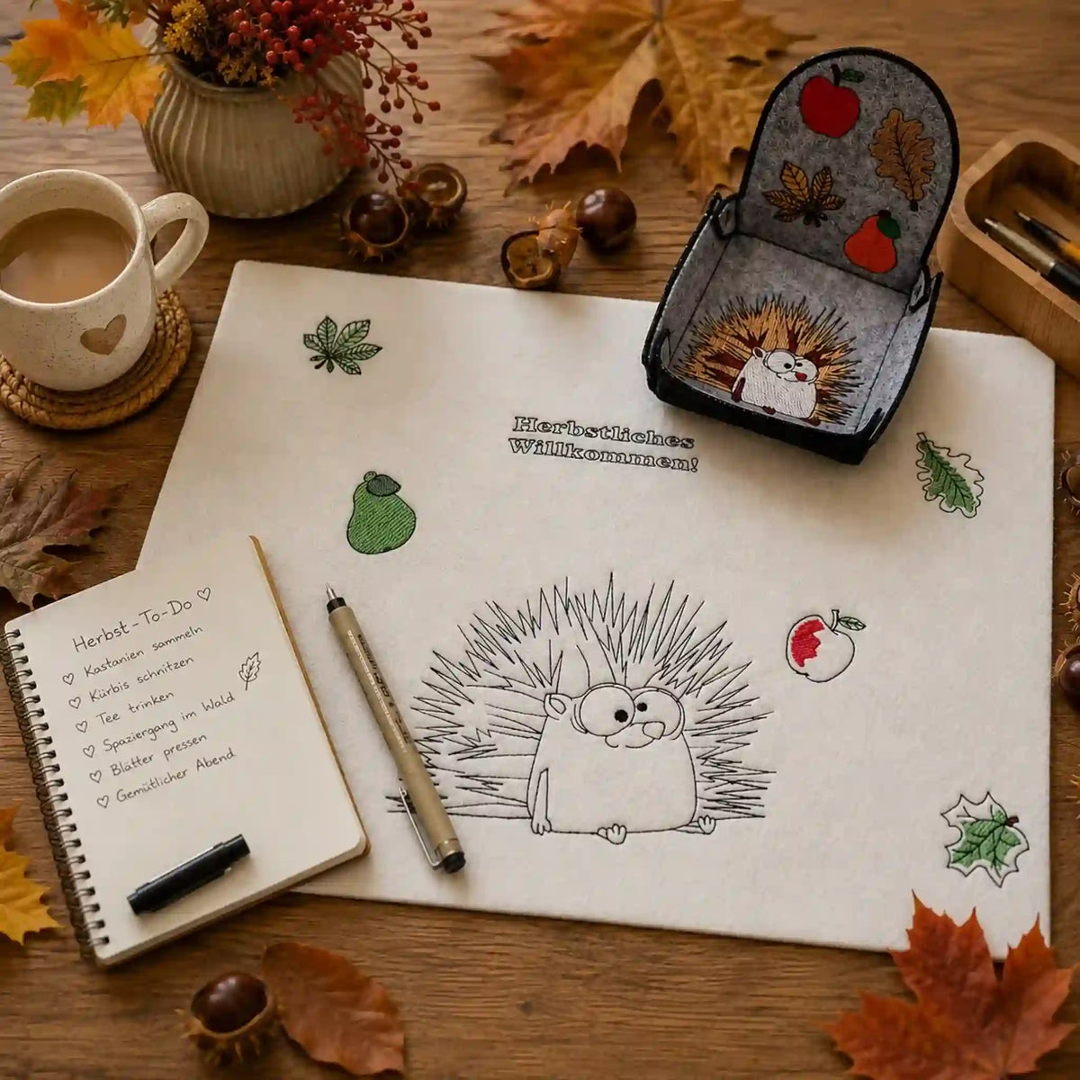 Stickdatei Igel und Herbstmotive