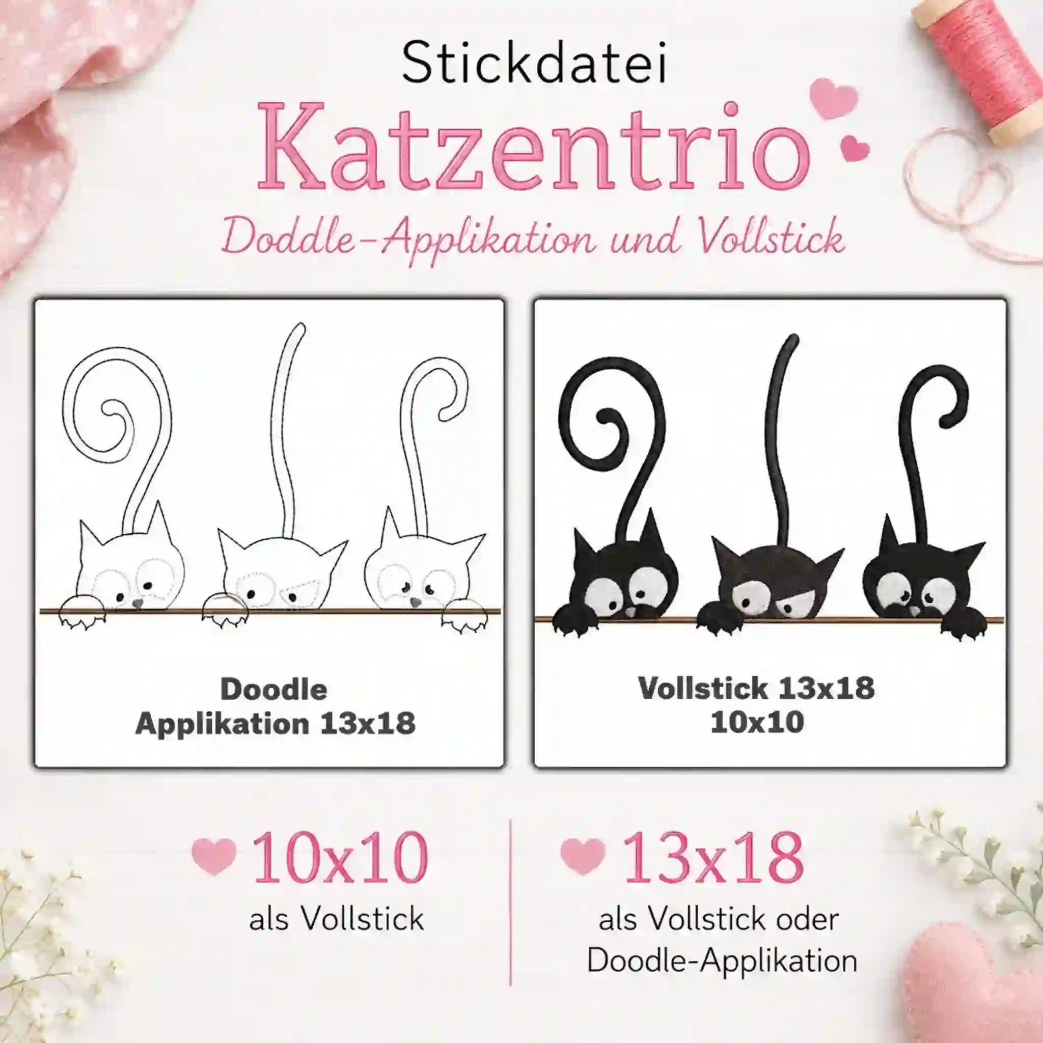 Stickdatei Katzentrio Doodle Applikation