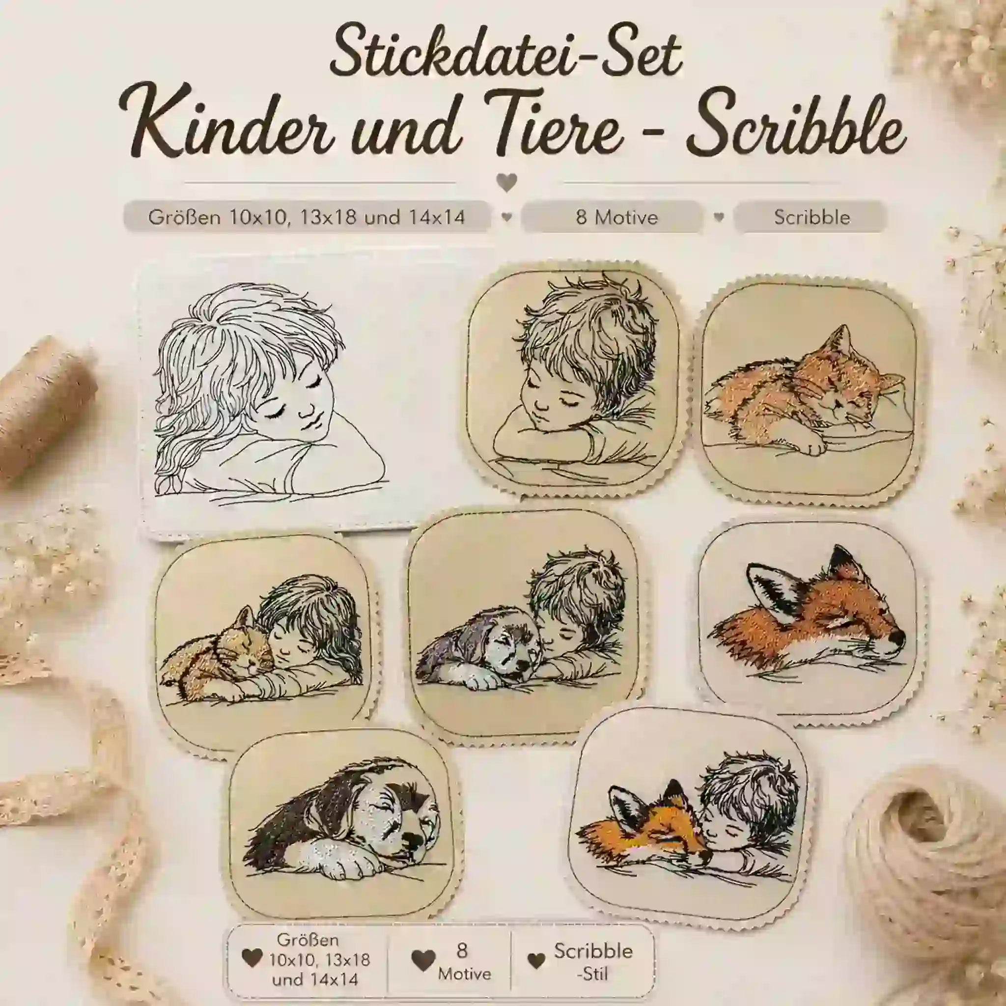 Stickdatei-Set Kinder und Tiere im Scribble-Stil mit acht Motiven