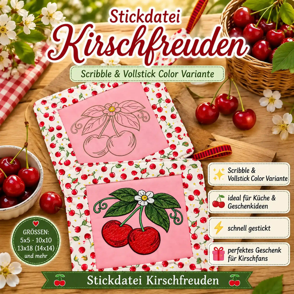 Stickdatei Kirschfreuden 🍒 – Scribble & Vollstick
