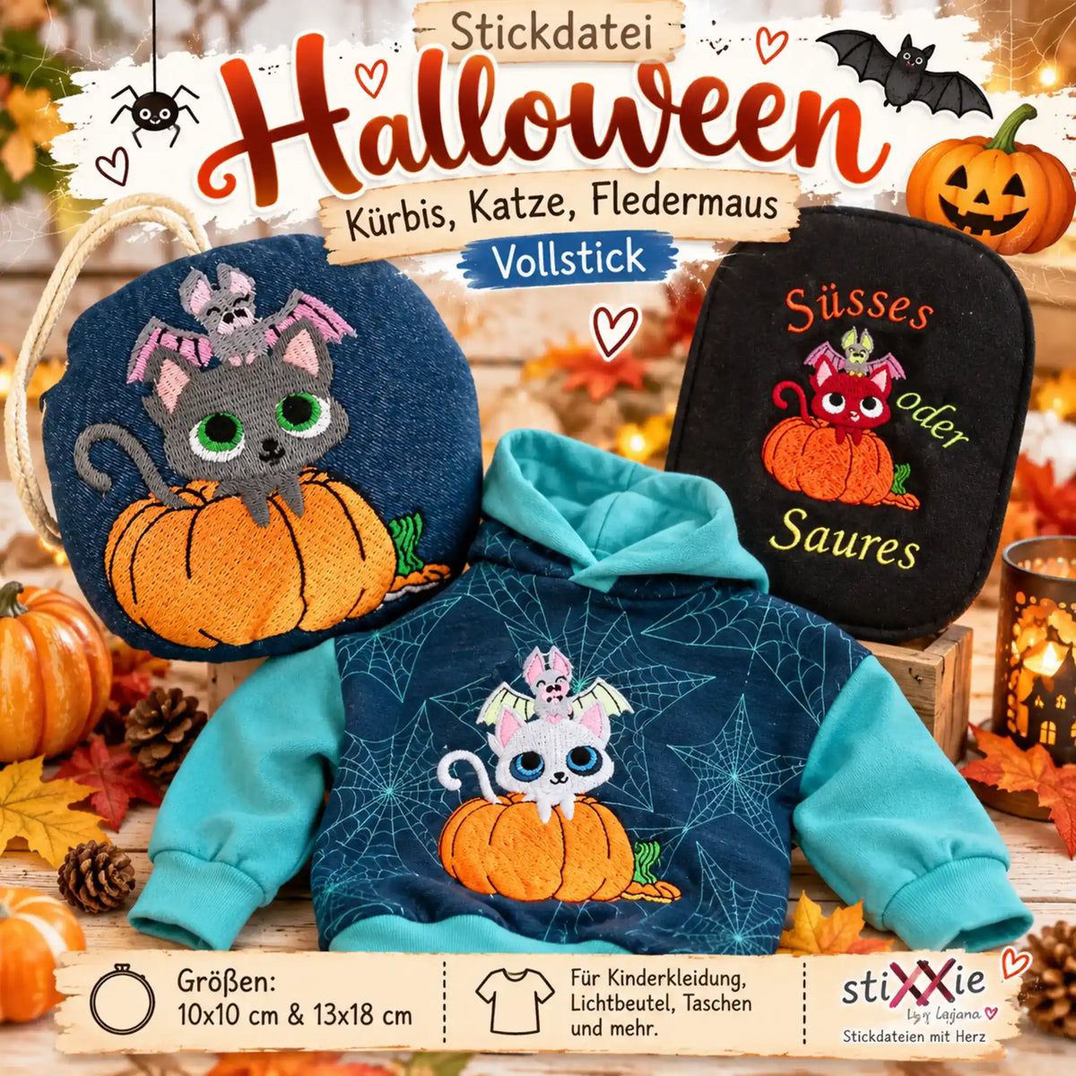 Stickdatei Halloween Kürbis, Katze, Fledermaus