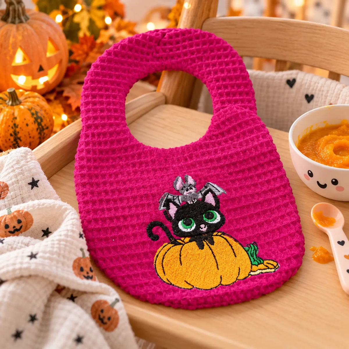 Stickdatei Halloween Kürbis, Katze, Fledermaus