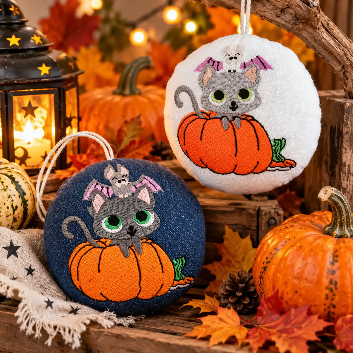 Stickdatei Halloween Kürbis, Katze, Fledermaus