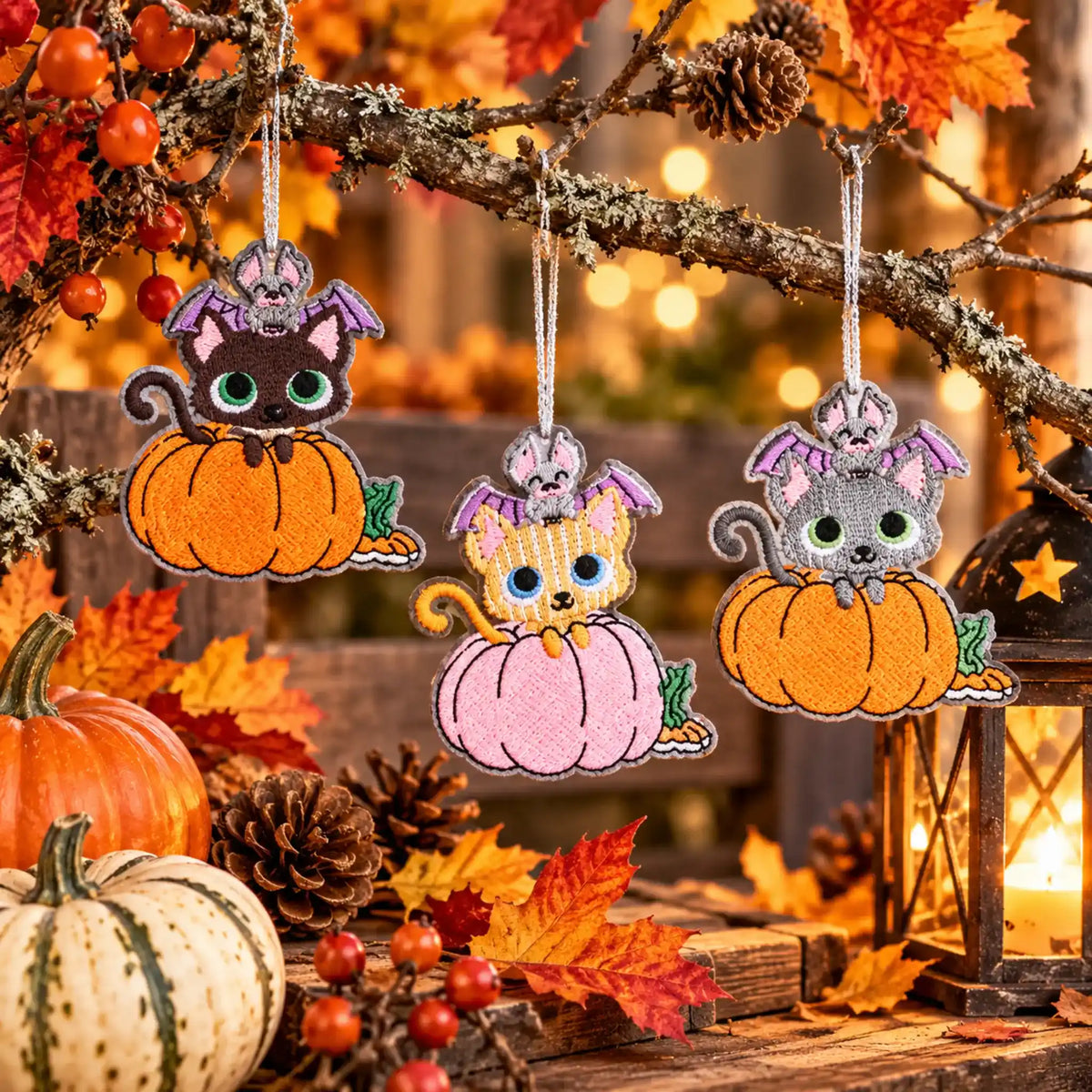 Stickdatei Halloween Kürbis, Katze, Fledermaus