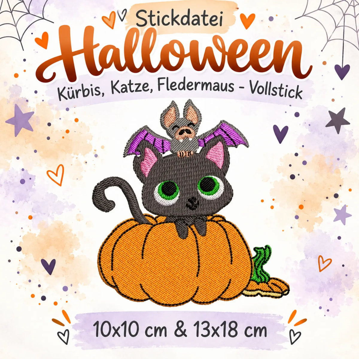 Stickdatei Halloween Kürbis, Katze, Fledermaus