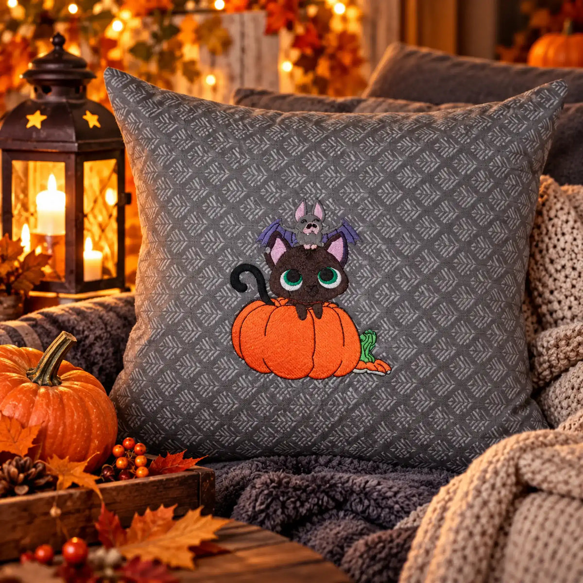 Stickdatei Halloween Kürbis, Katze, Fledermaus